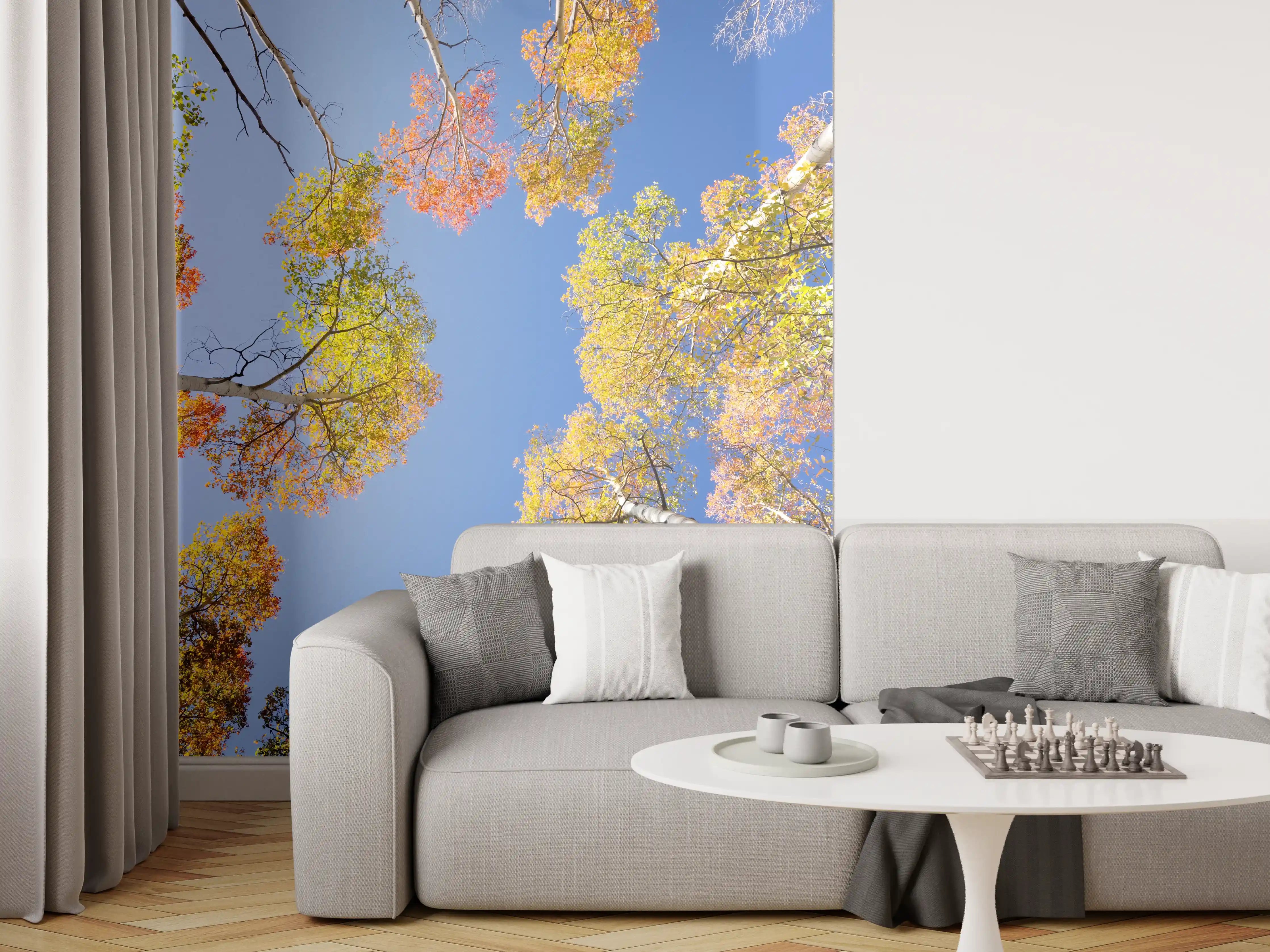 Wandverkleidung Wohnzimmer - Graue Baumkronen unter blassem Himmel