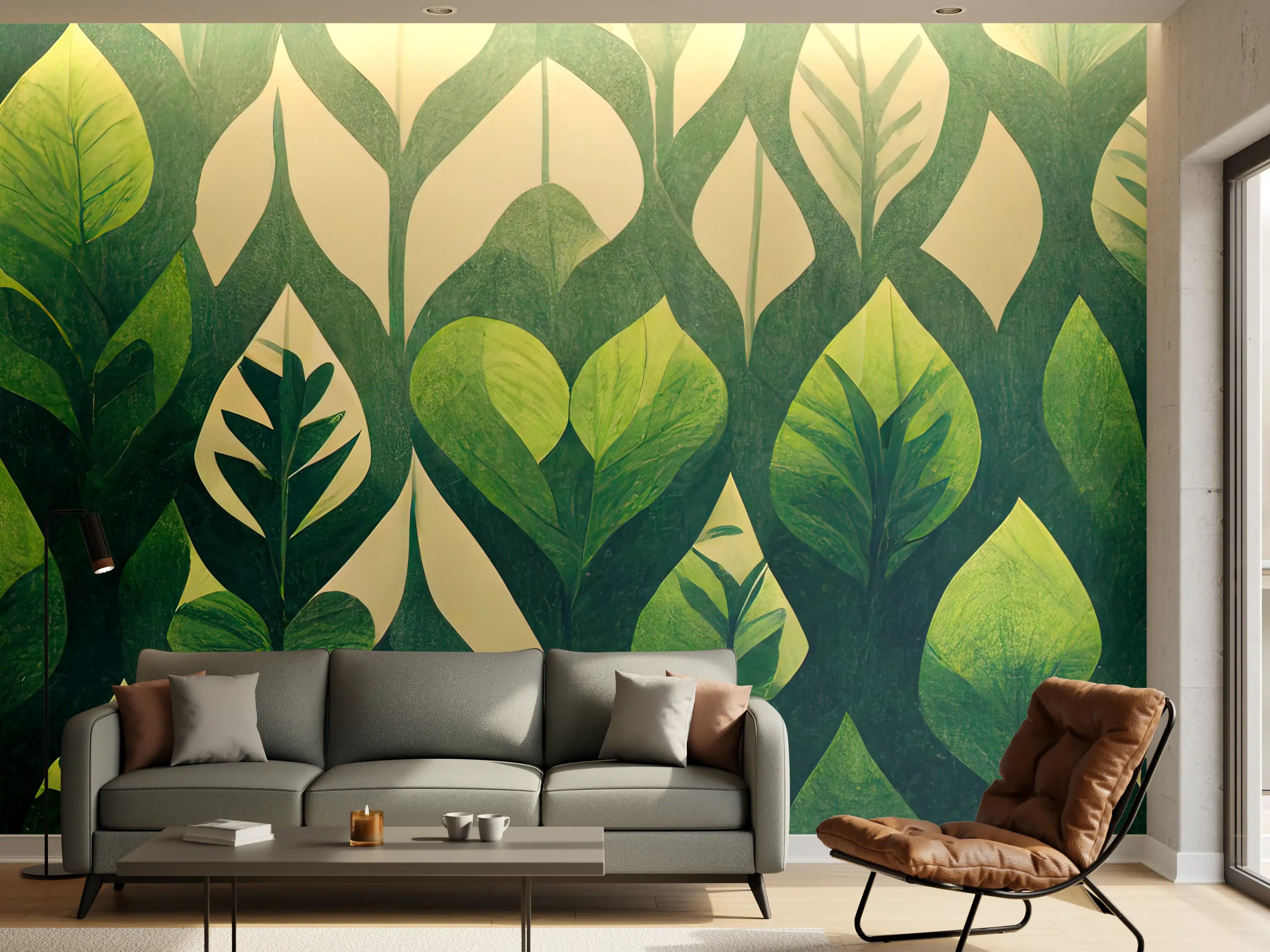Wandverkleidung Wohnzimmer - Graue Blätter Wandtapete