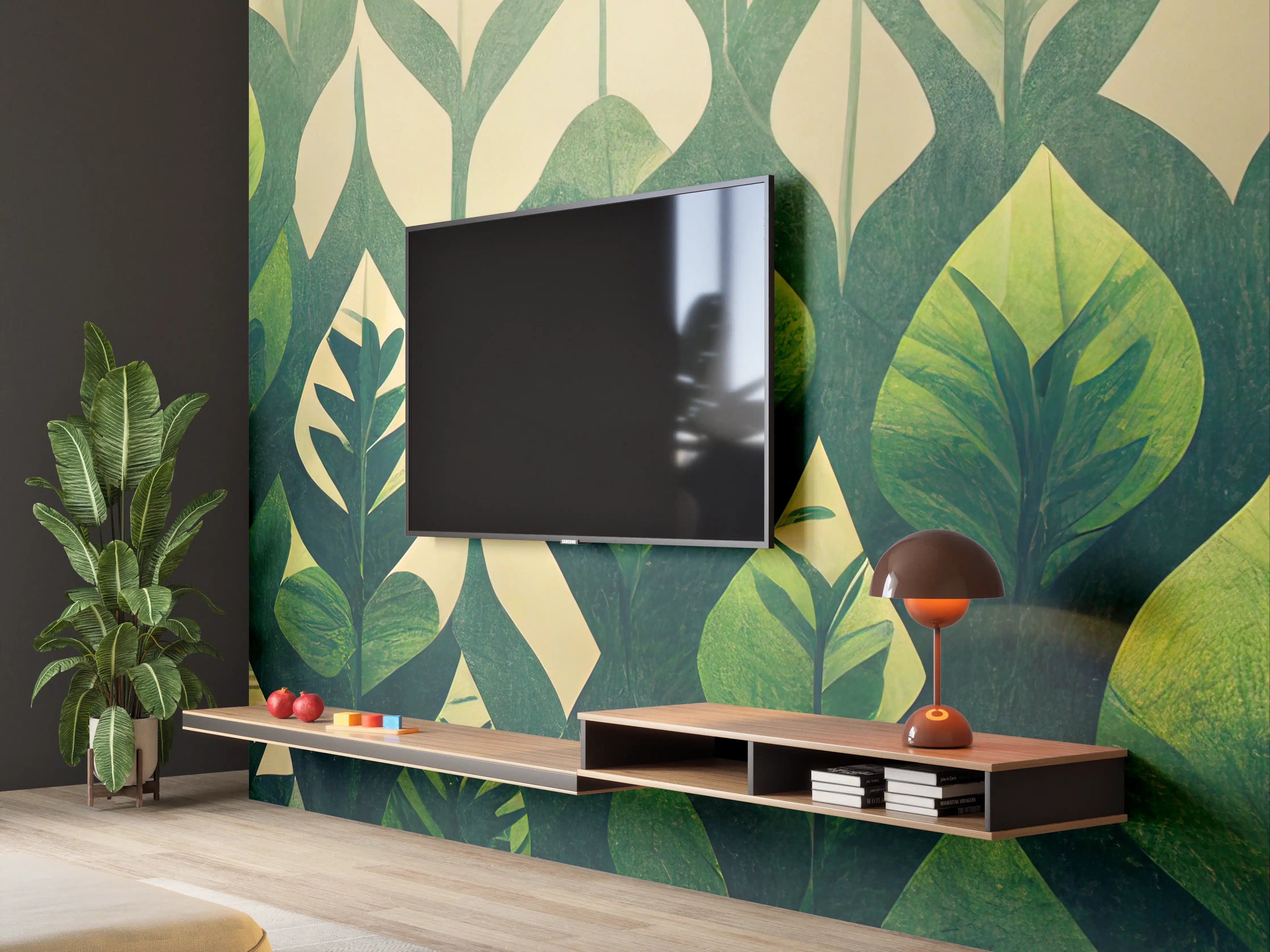 Wandverkleidung Wohnzimmer - Graue Blätter Wandtapete