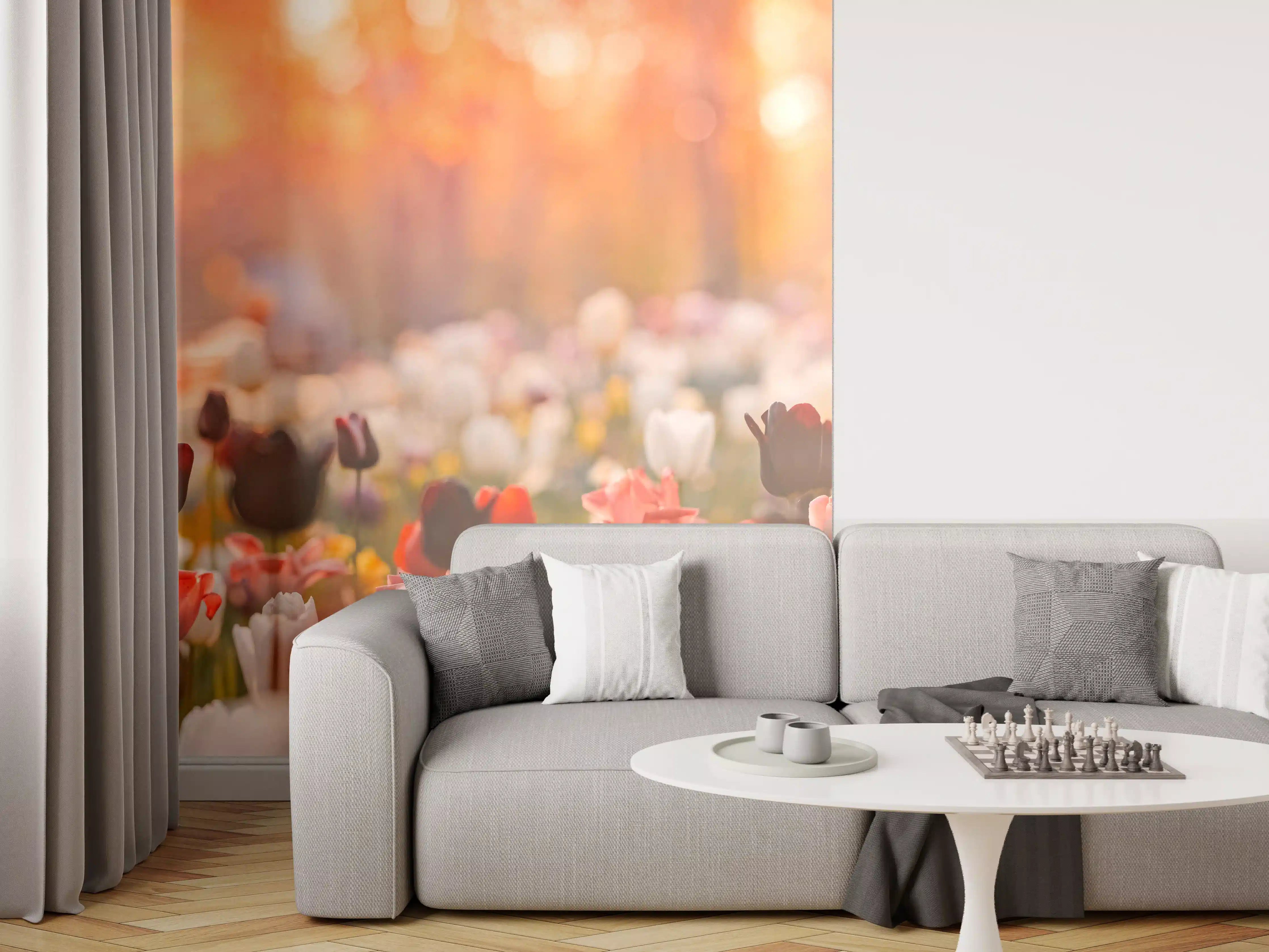 Wandverkleidung Wohnzimmer - Graue Blüten im Abendlicht