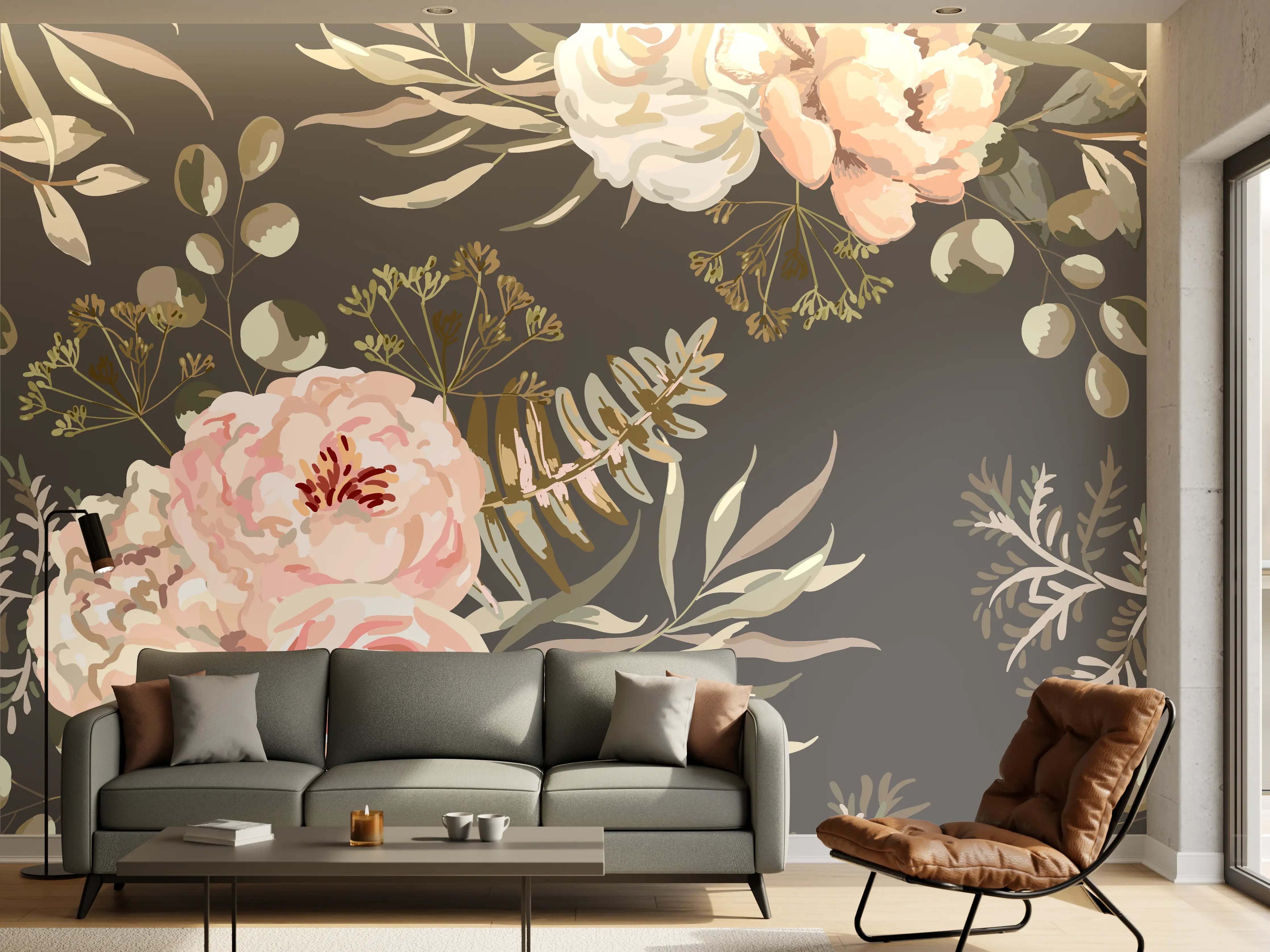 Wandverkleidung Wohnzimmer - Graue Blumen auf dunklem Hintergrund