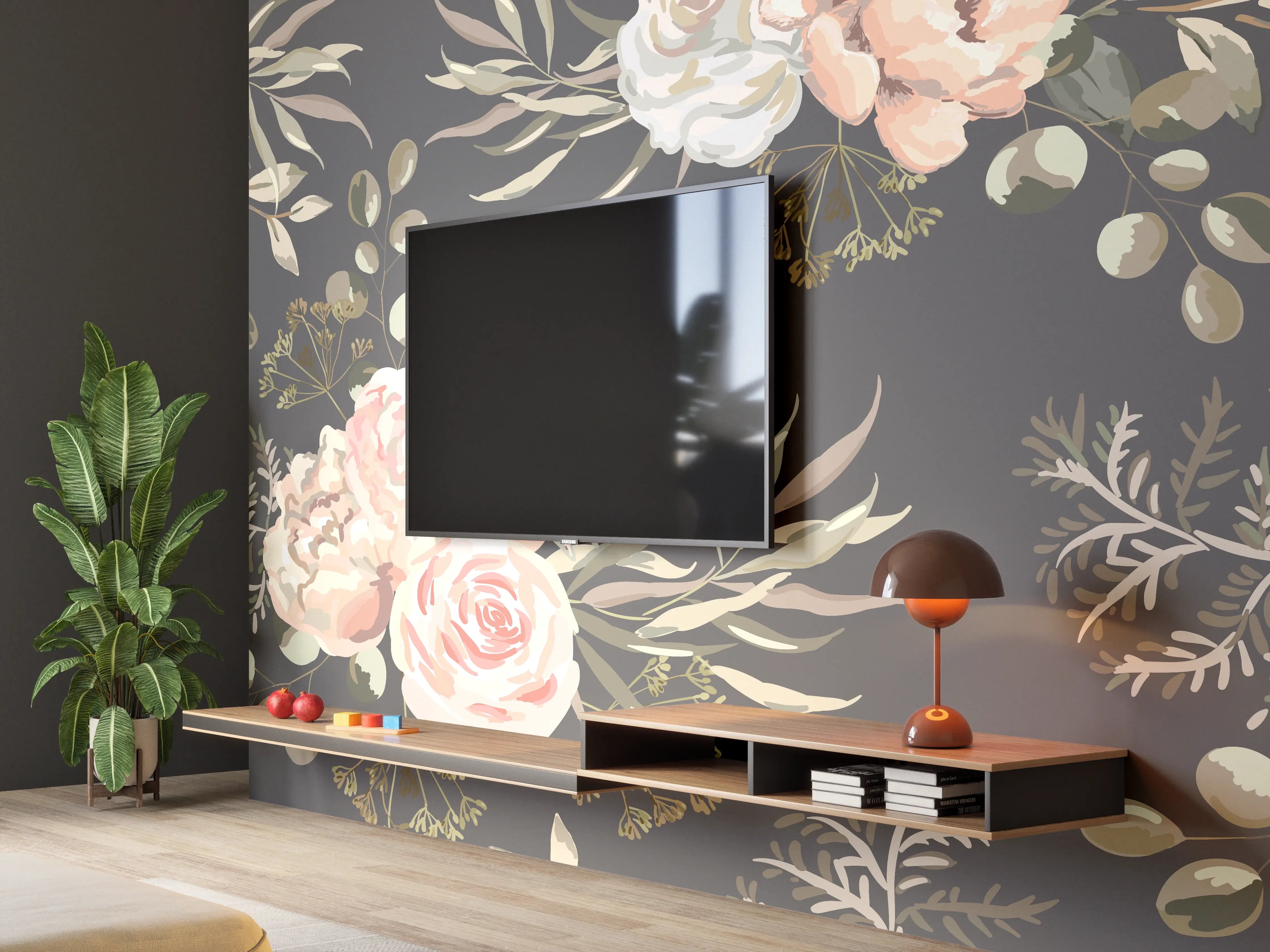 Wandverkleidung Wohnzimmer - Graue Blumen auf dunklem Hintergrund