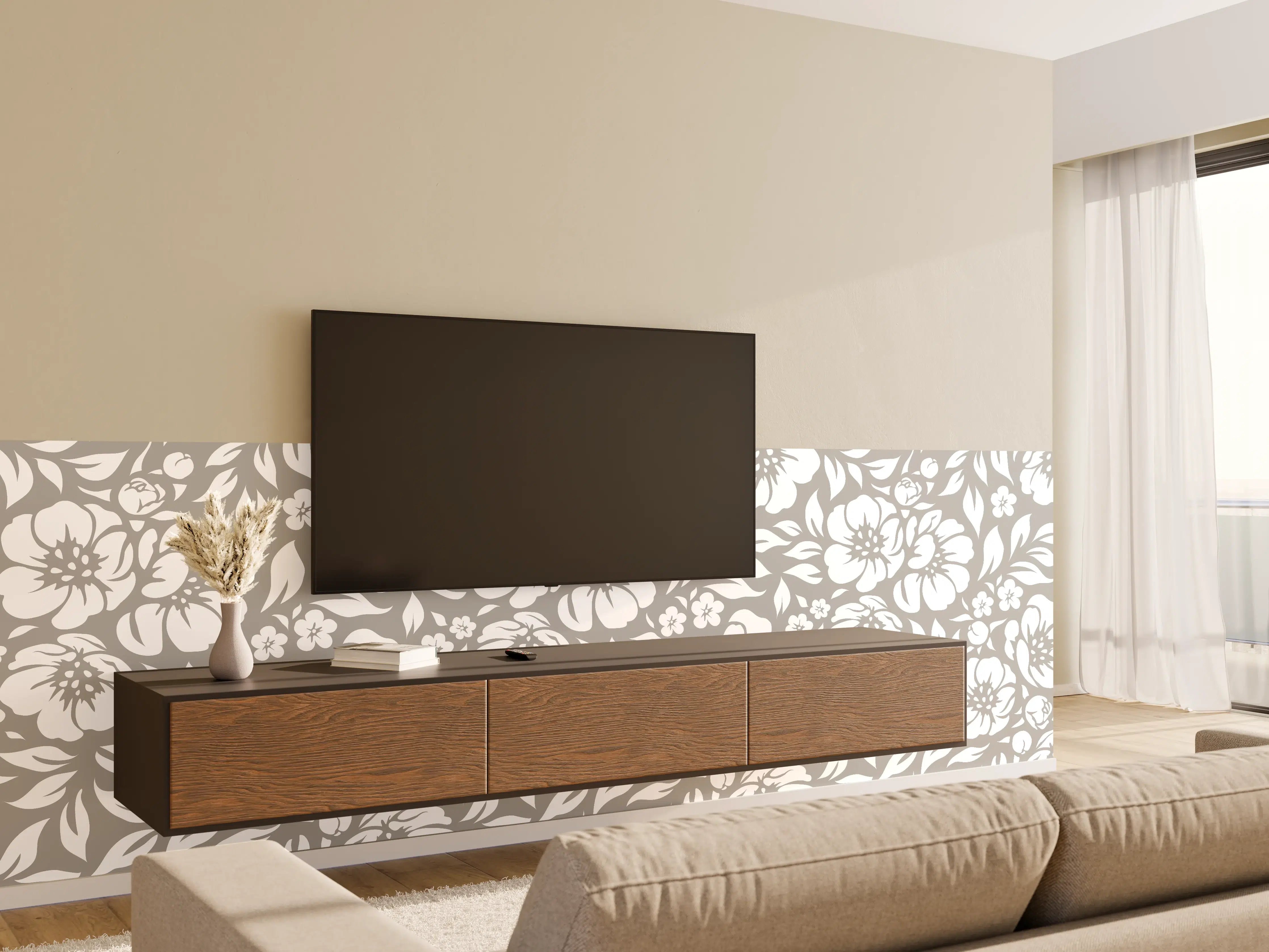 Wandverkleidung Wohnzimmer - Graue Blumen im Weißglanz