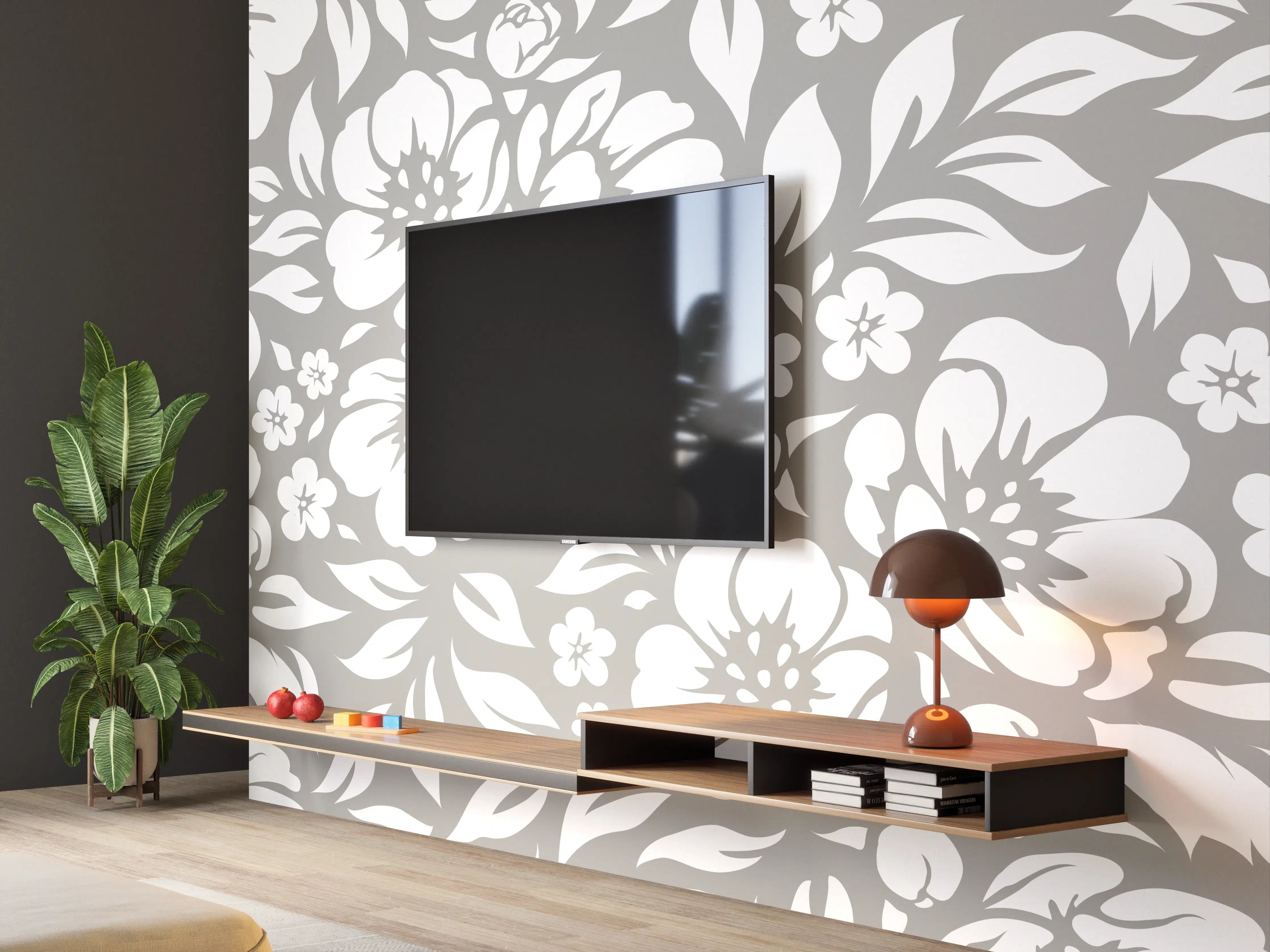 Wandverkleidung Wohnzimmer - Graue Blumen im Weißglanz