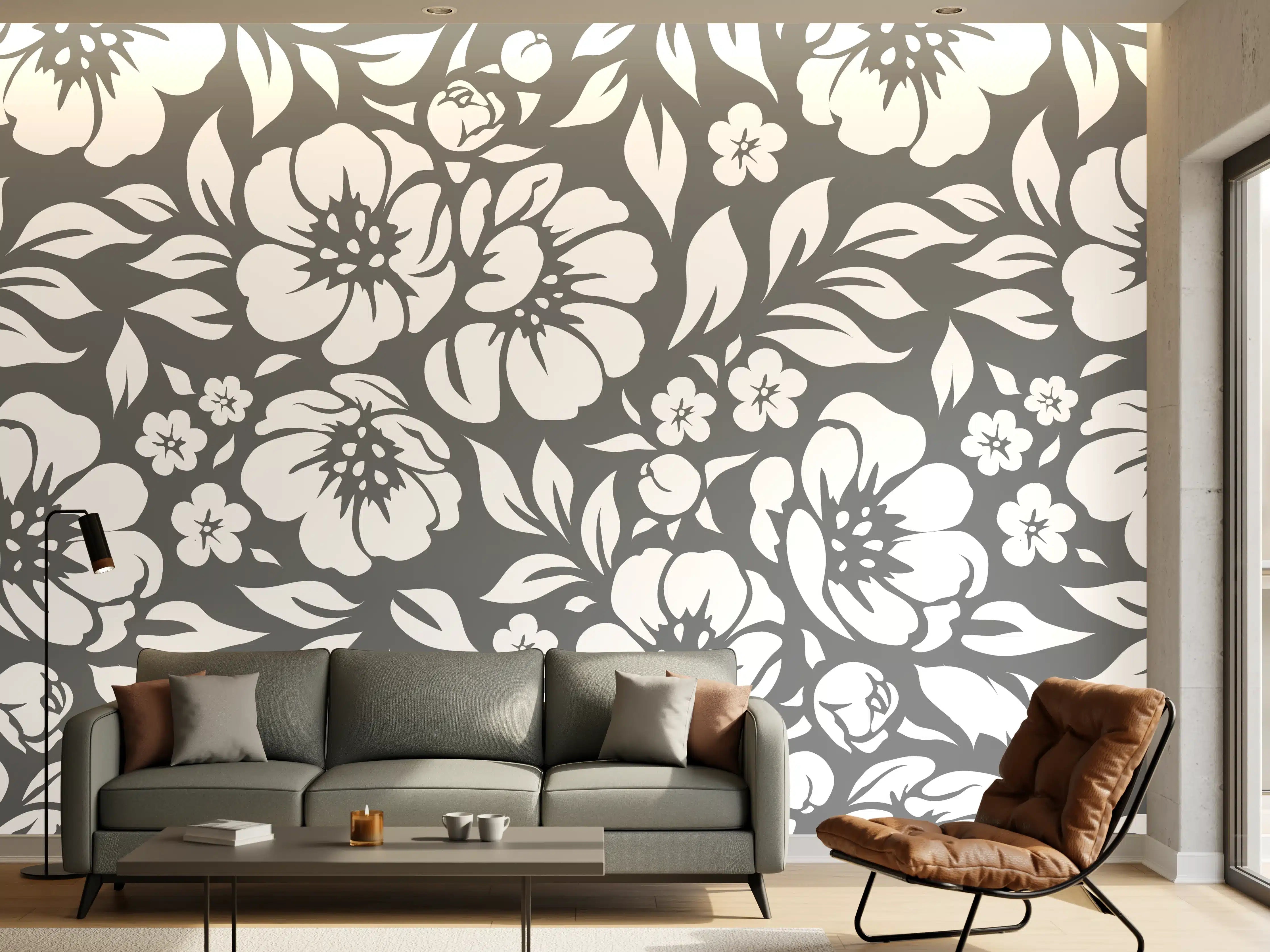 Wandverkleidung Wohnzimmer - Graue Blumenmuster im Weißdesign