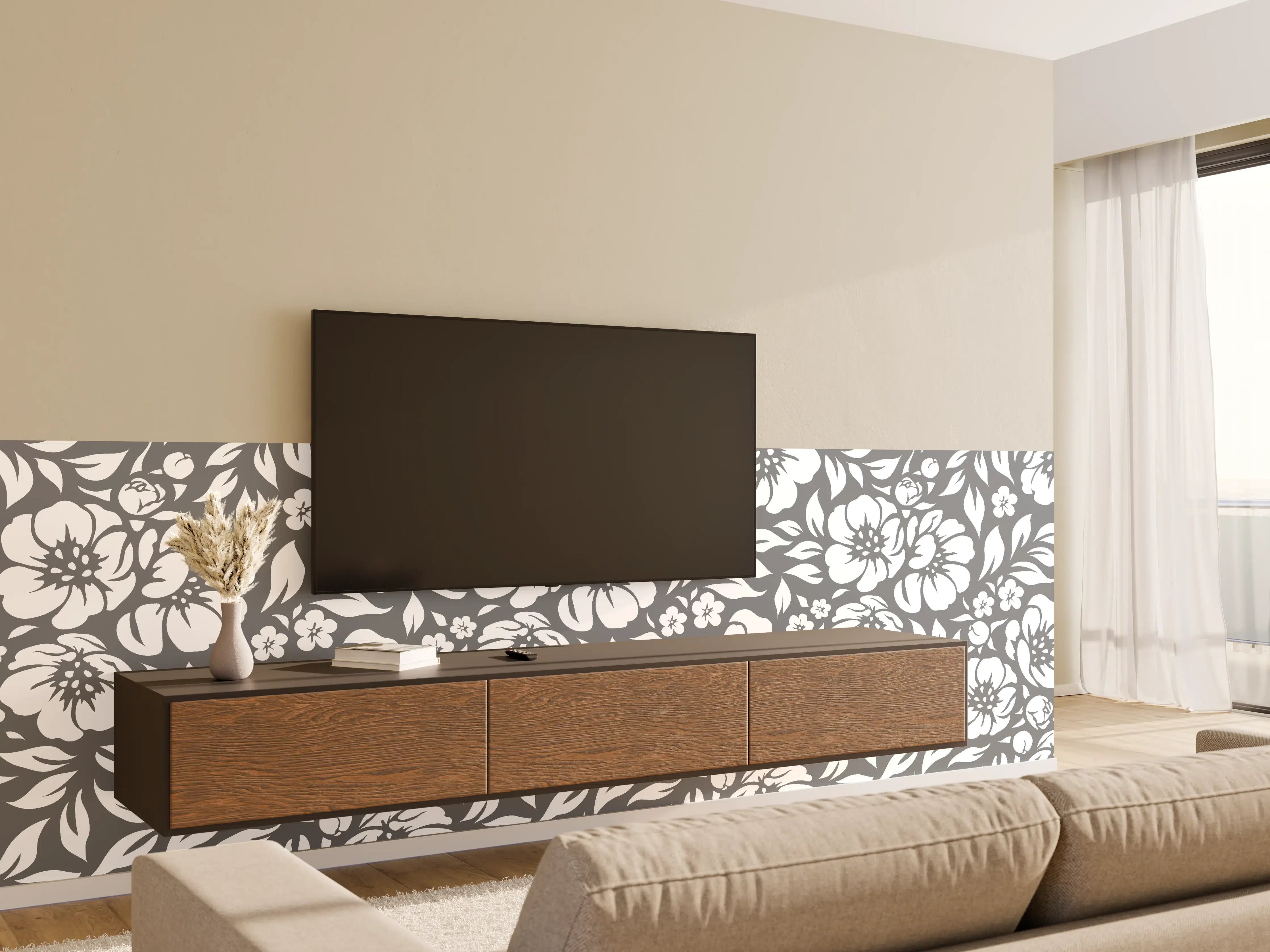 Wandverkleidung Wohnzimmer - Graue Blumenmuster im Weißdesign