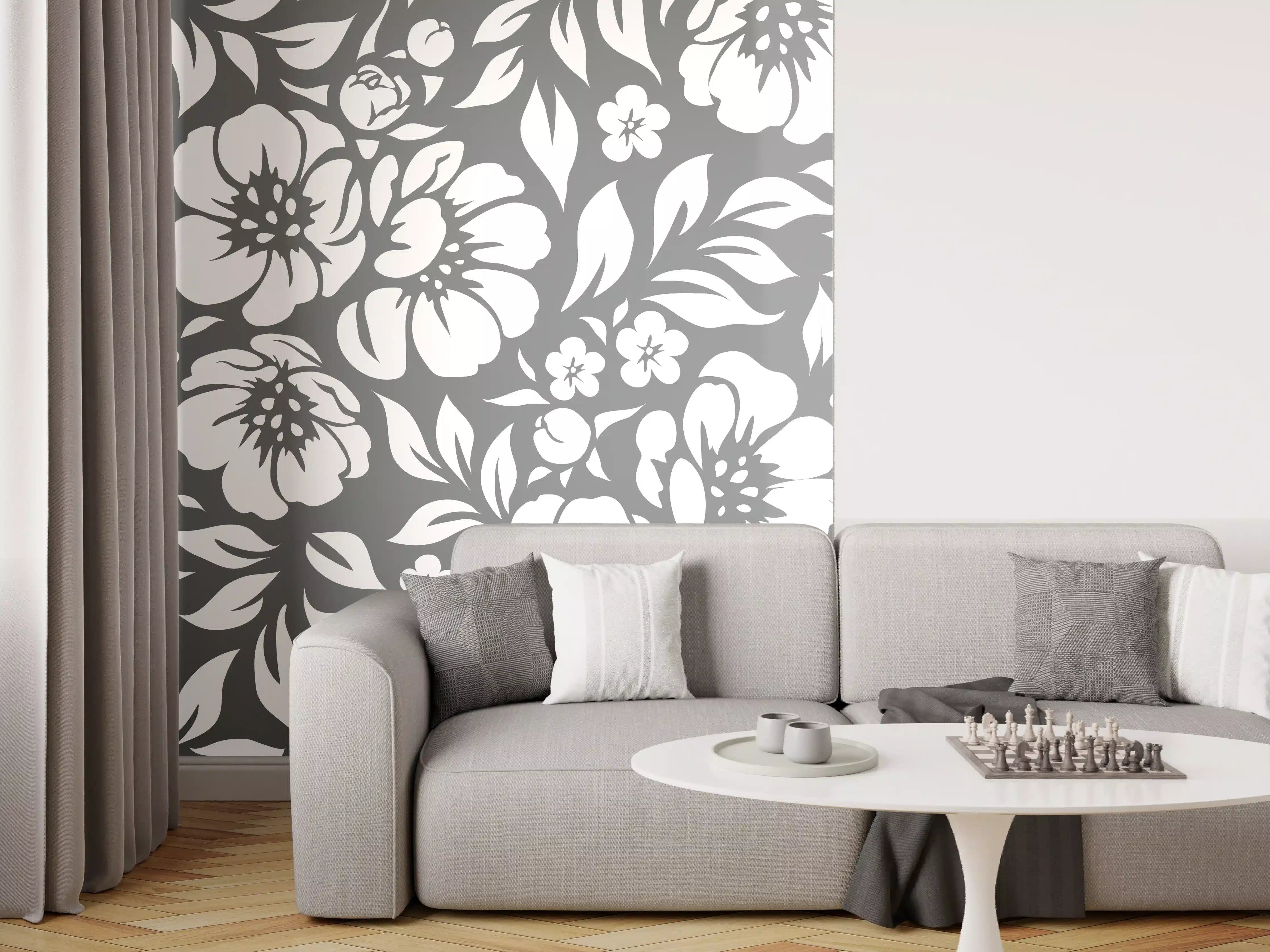 Wandverkleidung Wohnzimmer - Graue Blumenmuster im Weißdesign
