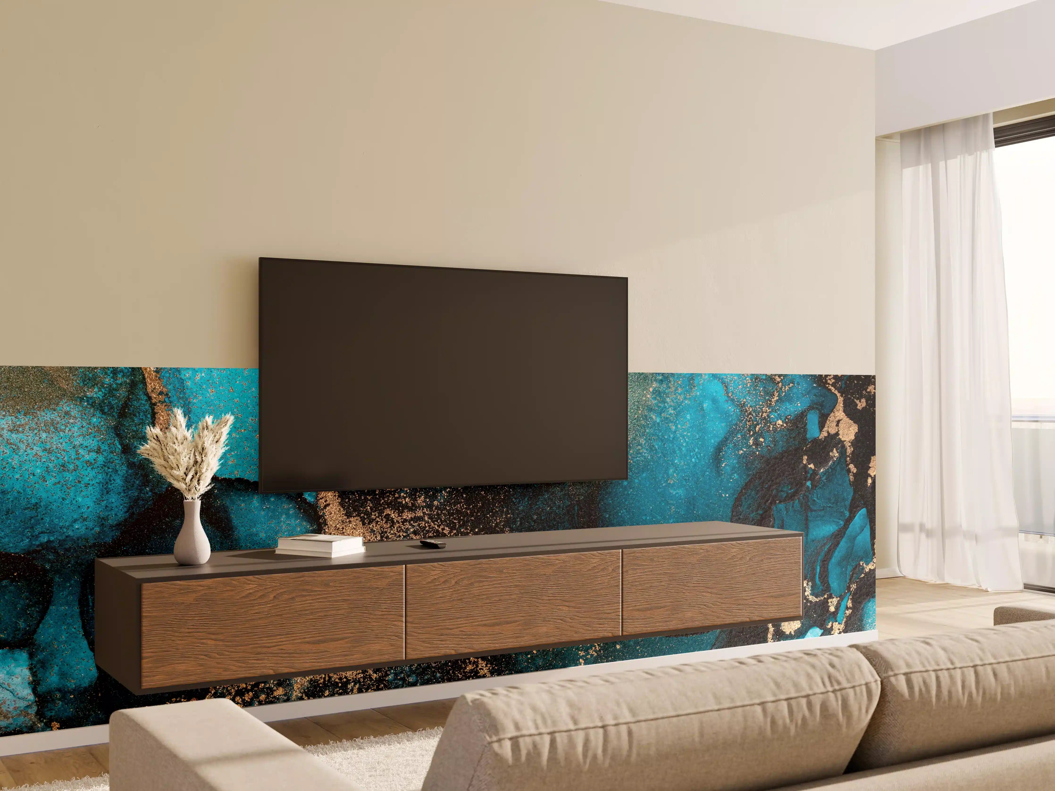 Wandverkleidung Wohnzimmer - Graue Eleganz in Blaugold