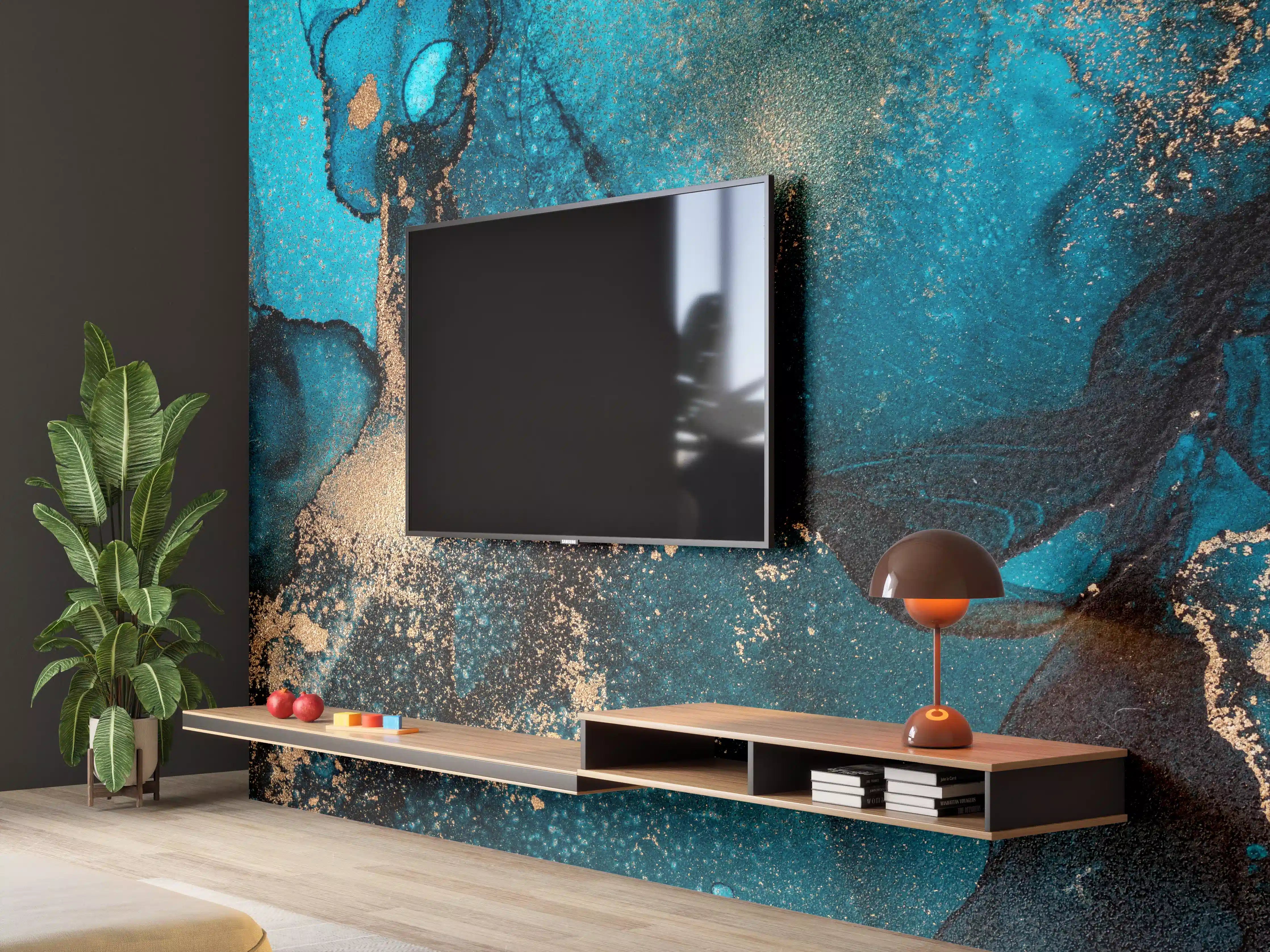 Wandverkleidung Wohnzimmer - Graue Eleganz in Blaugold