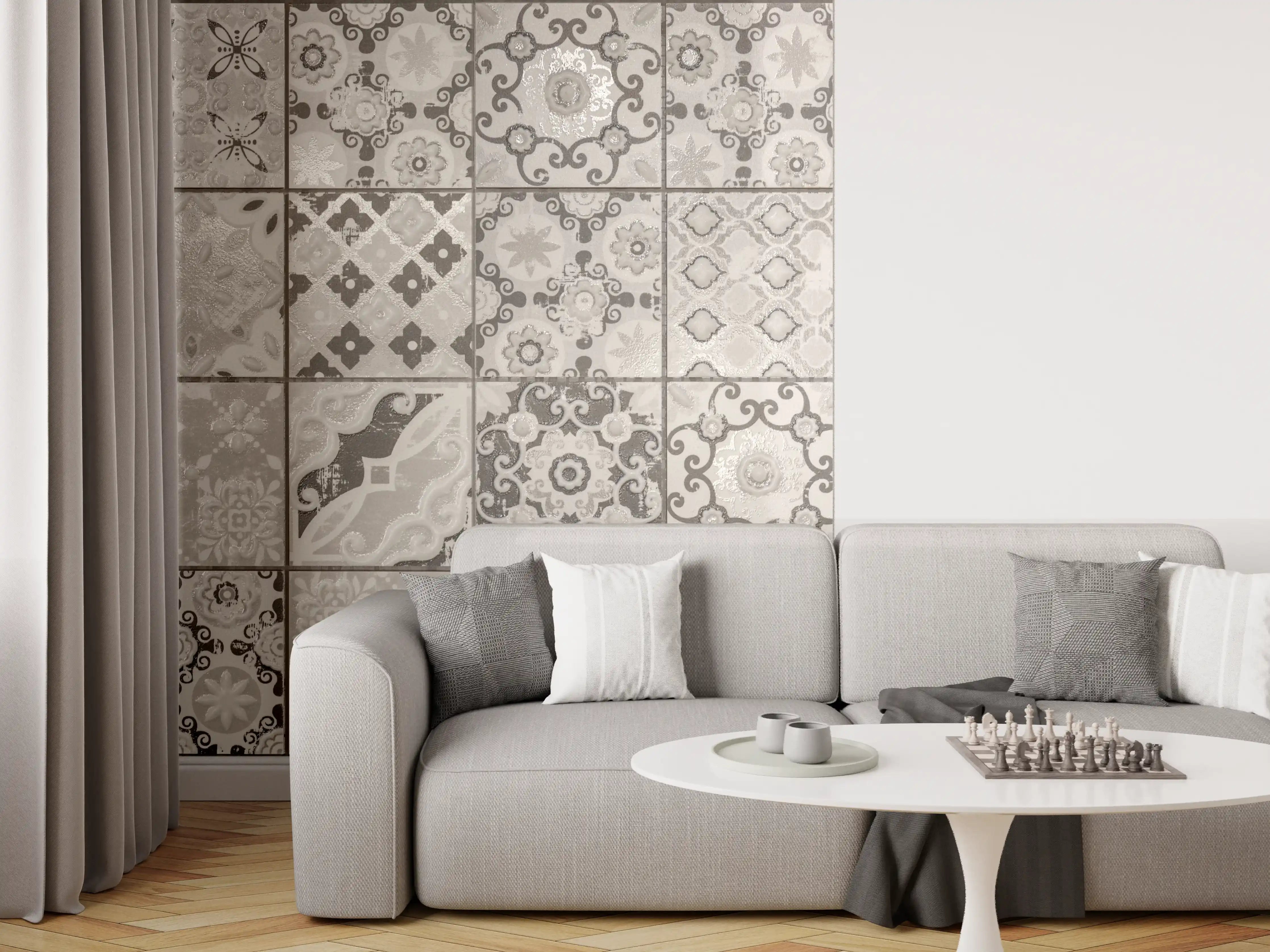 Wandverkleidung Wohnzimmer - Graue Fliesenmuster