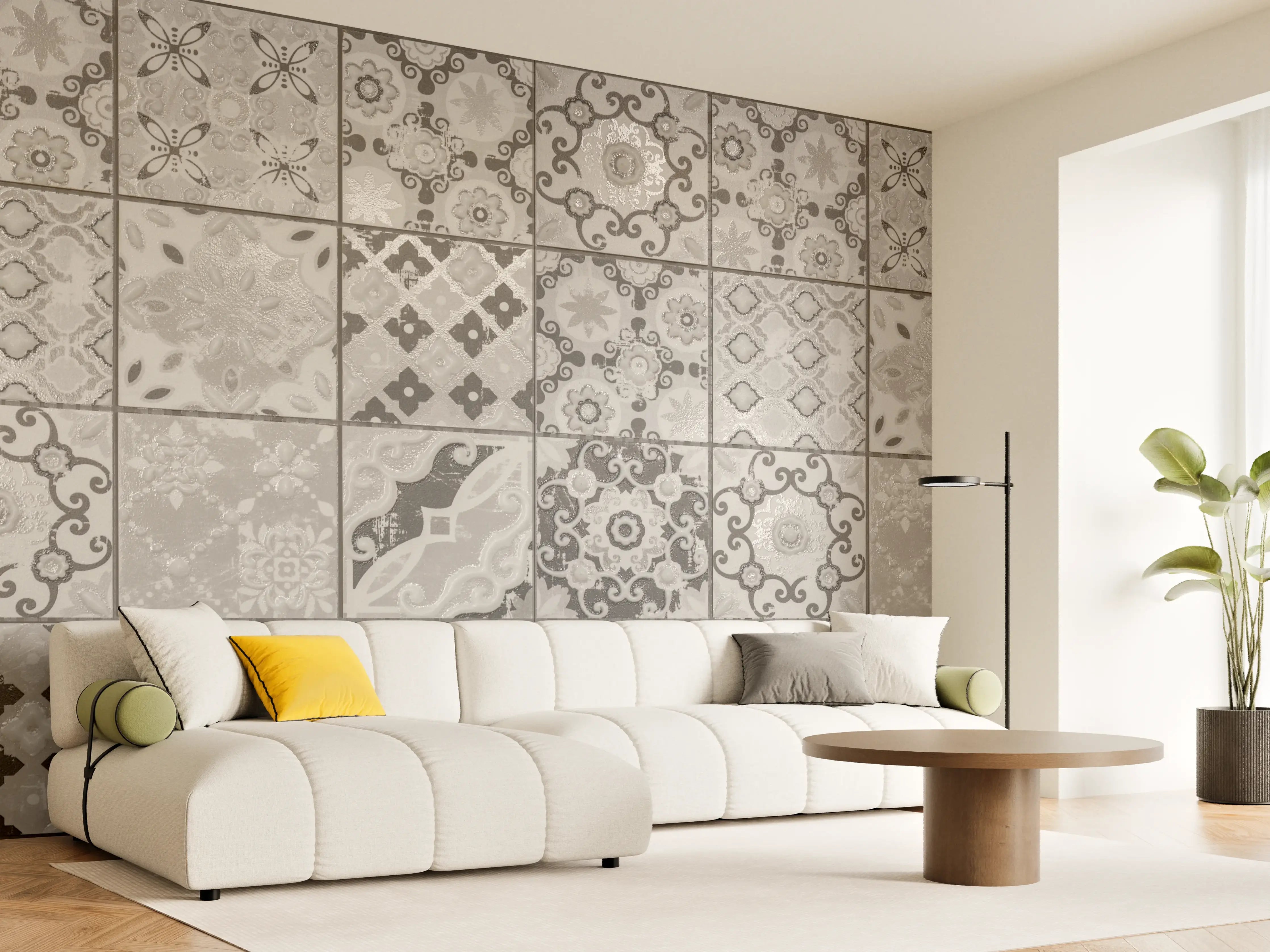 Wandverkleidung Wohnzimmer - Graue Fliesenmuster