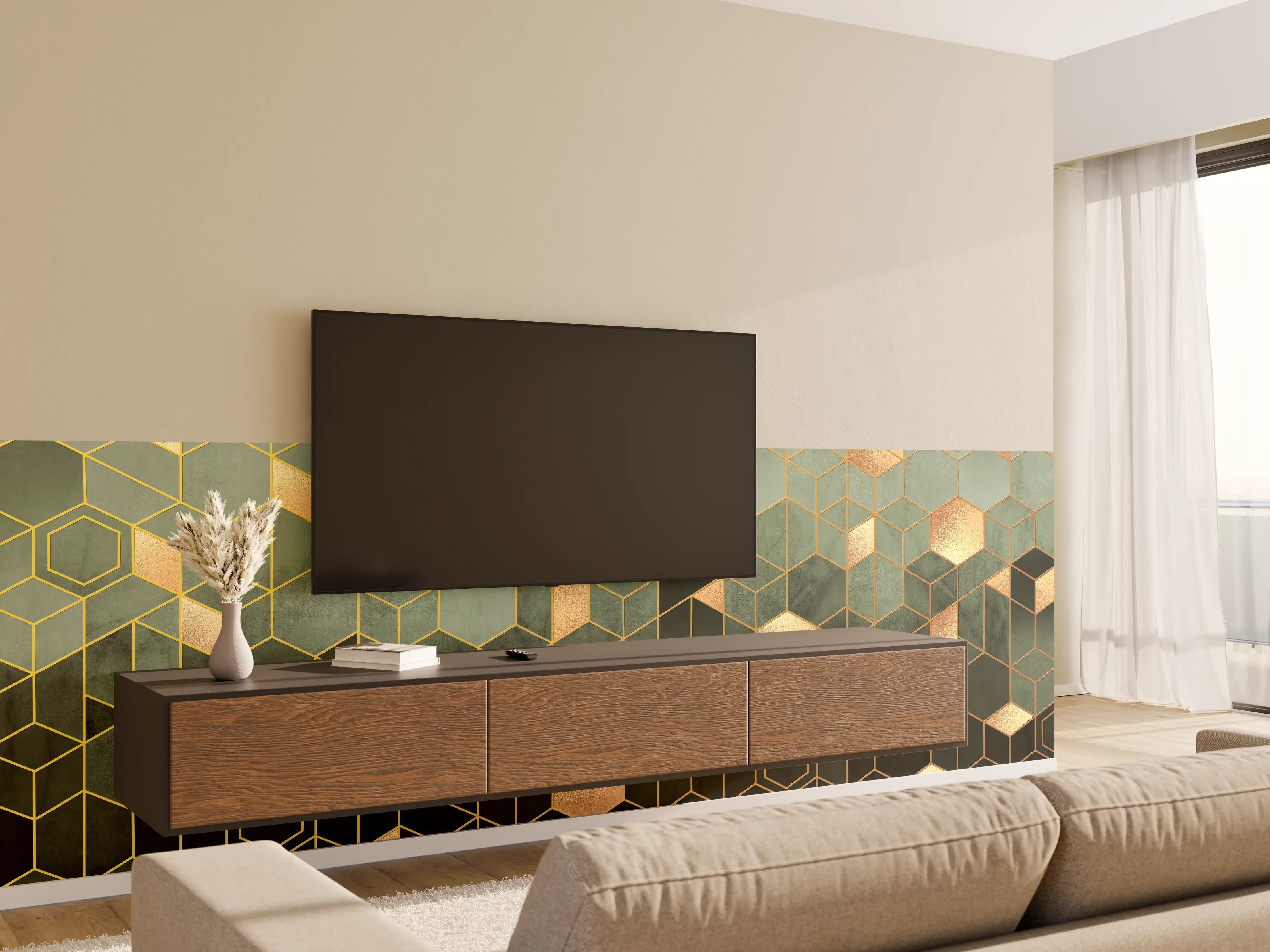 Wandverkleidung Wohnzimmer - Graue Geometrie mit Goldakzenten