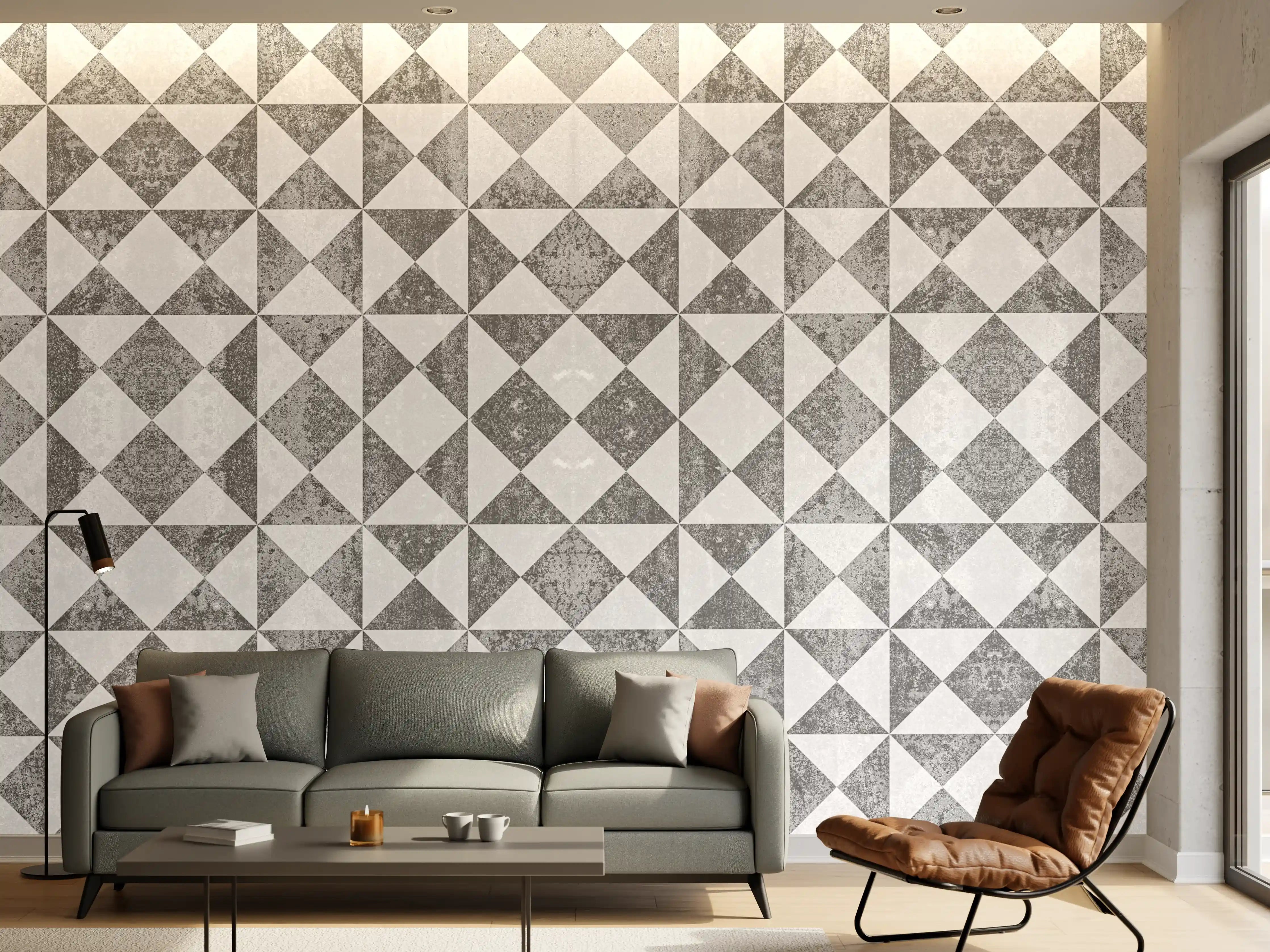 Wandverkleidung Wohnzimmer - Graue Geometrie: Weiße Musterwandgestaltung