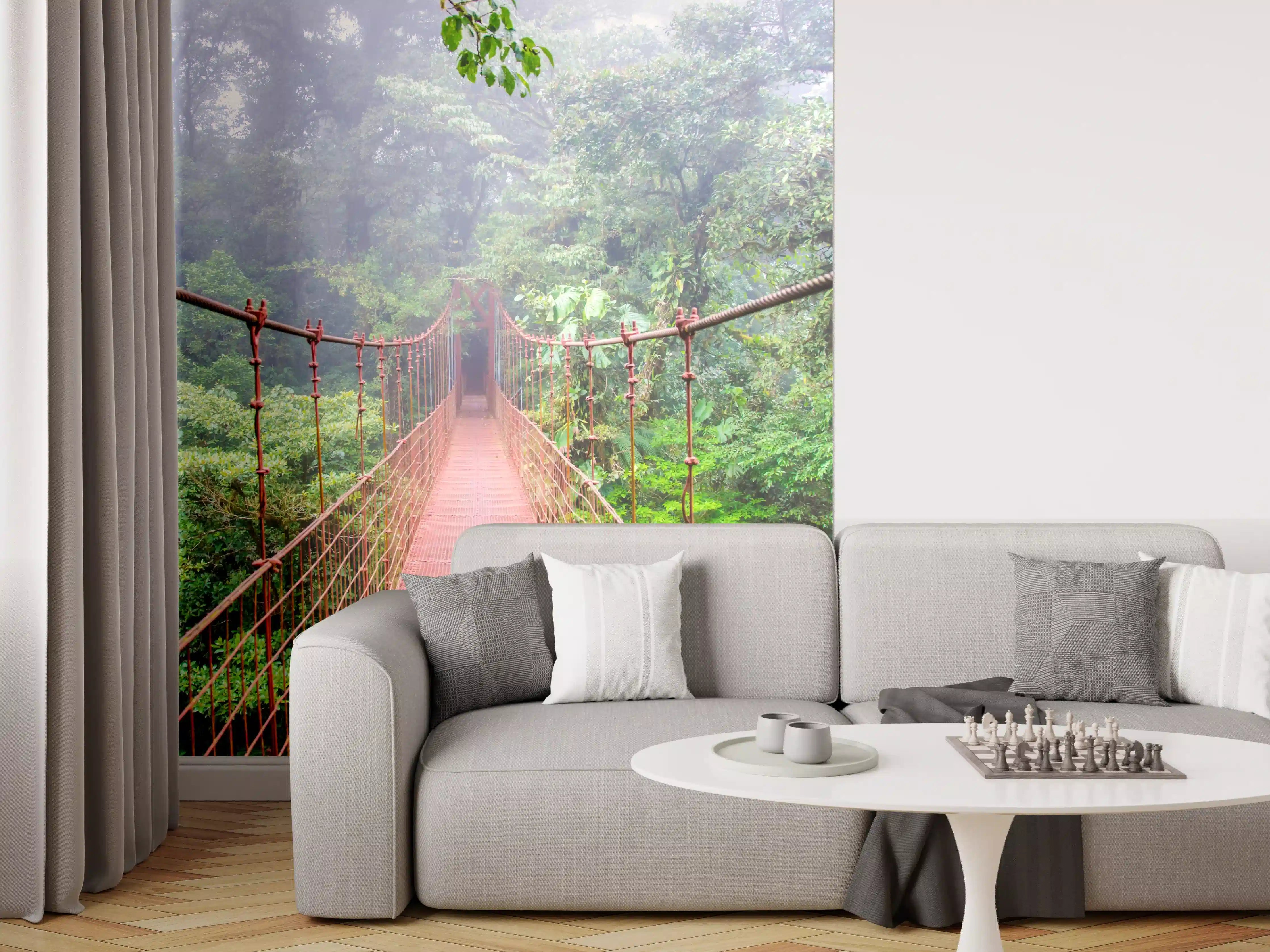 Wandverkleidung Wohnzimmer - Graue Hängebrücke im Dschungeltraum