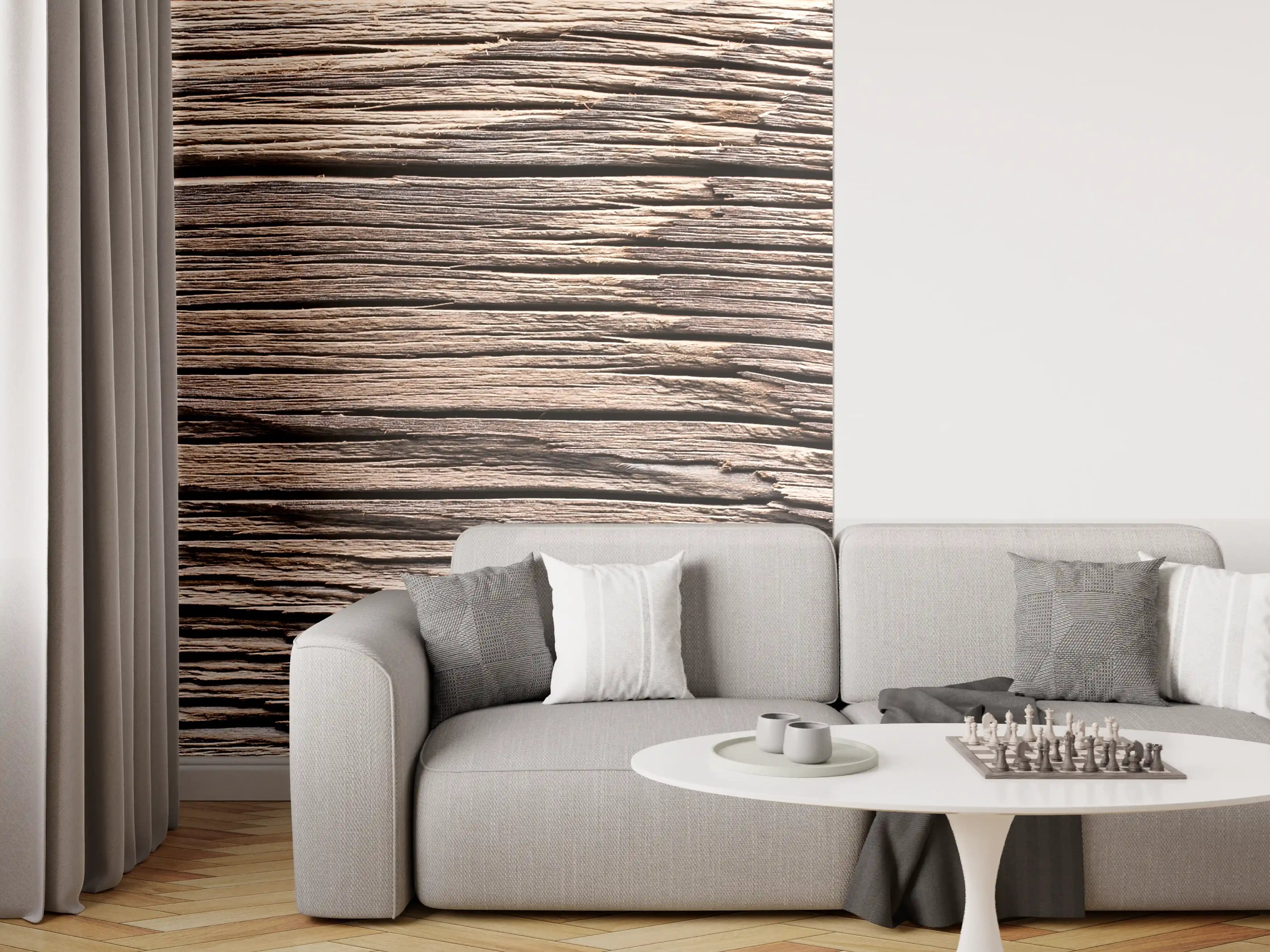 Wandverkleidung Wohnzimmer - Graue Holzmaserung mit weißen Akzenten