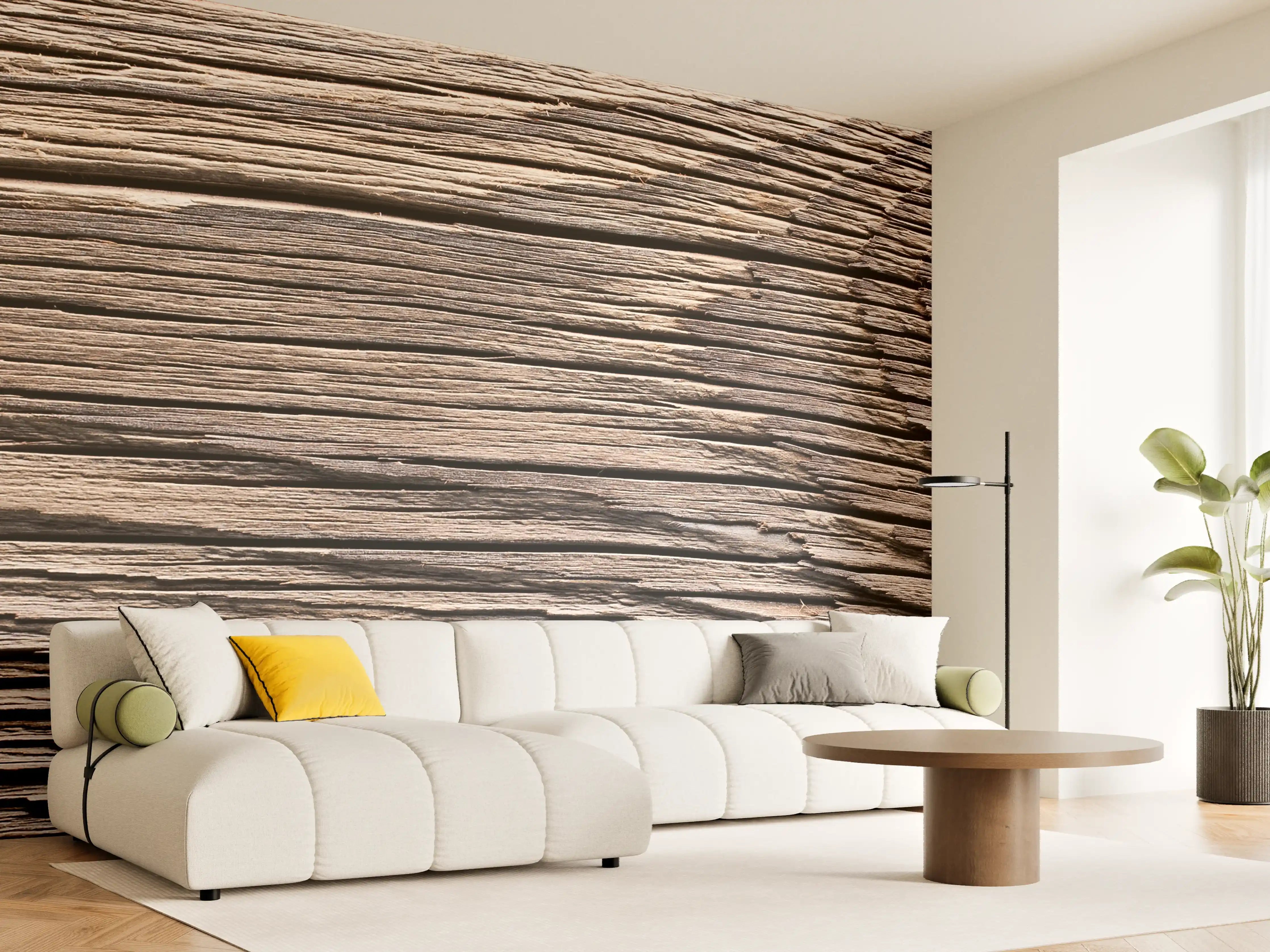 Wandverkleidung Wohnzimmer - Graue Holzmaserung mit weißen Akzenten