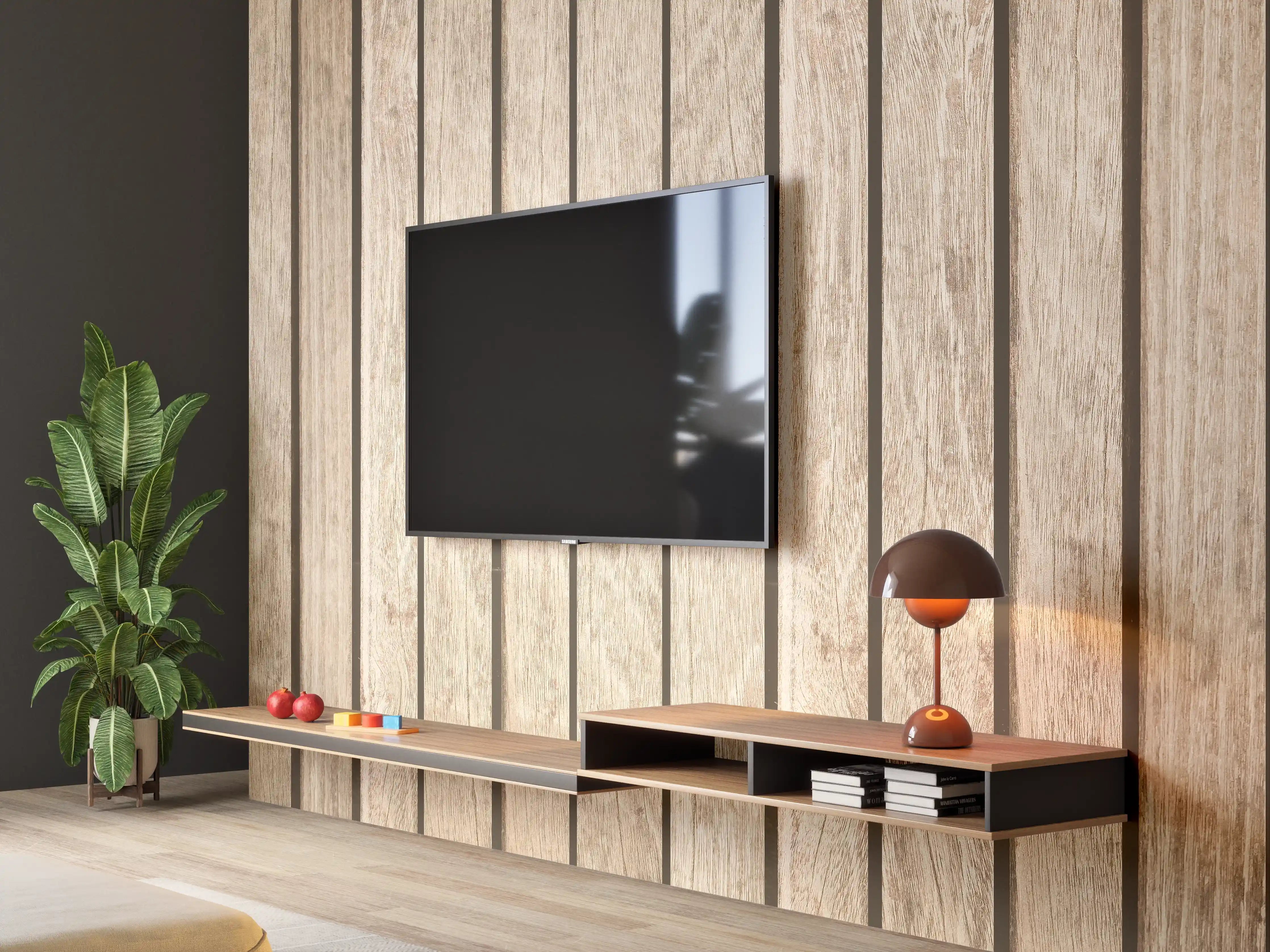 Wandverkleidung Wohnzimmer - Graue Holzoptik mit Weißakzenten