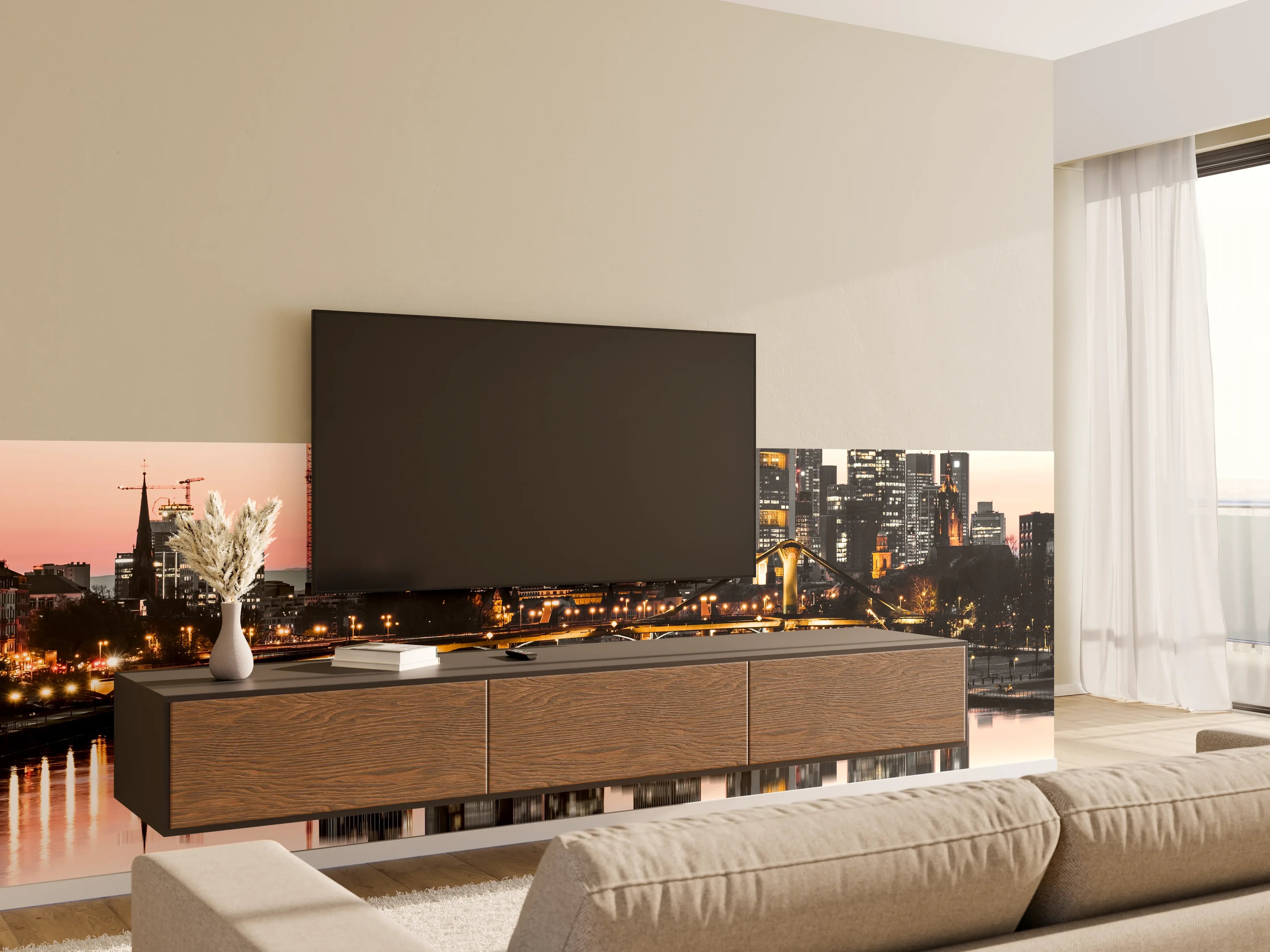 Wandverkleidung Wohnzimmer - Graue Horizonte im Sonnenlicht