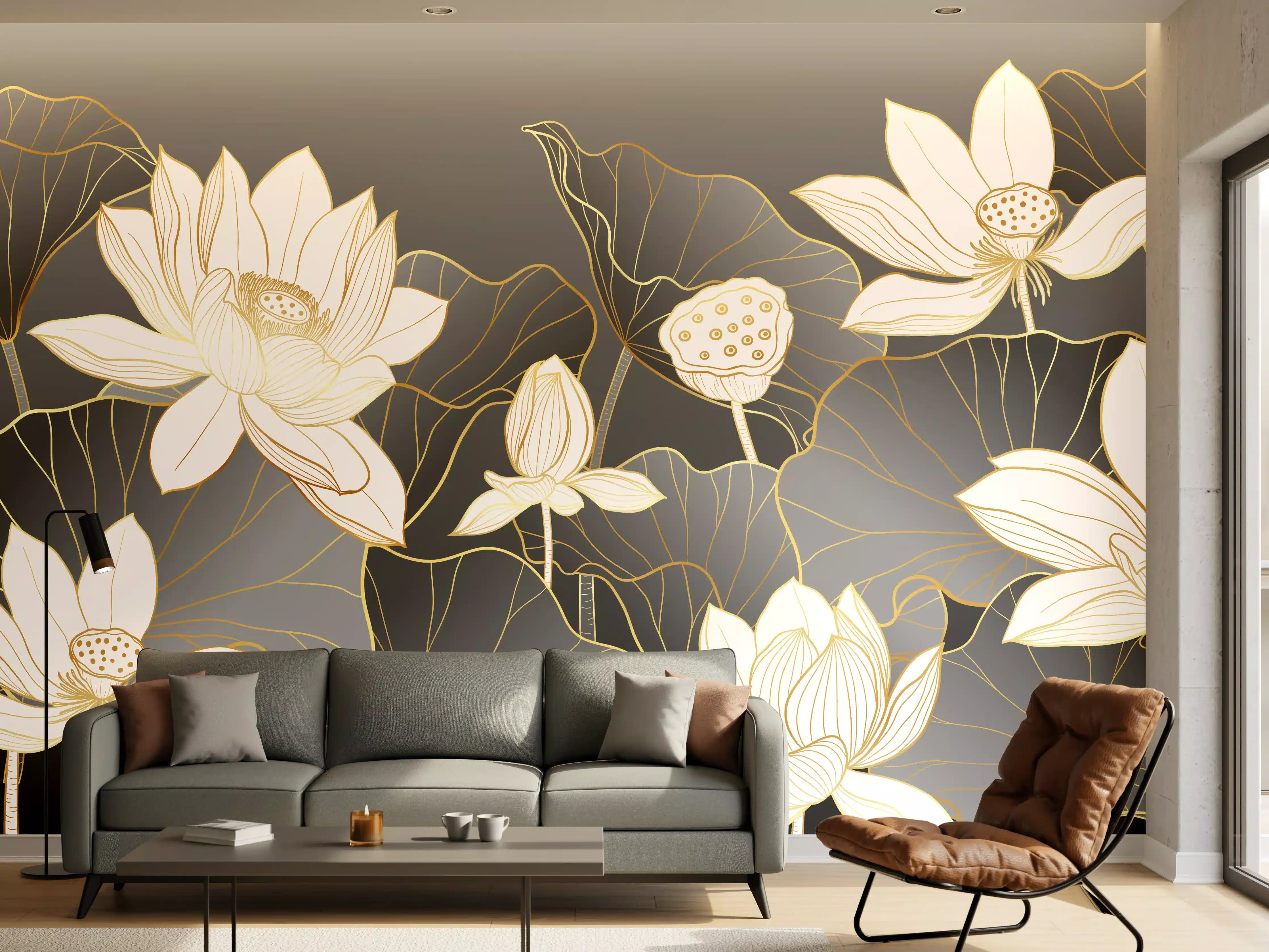 Wandverkleidung Wohnzimmer - Graue Lotus auf dunklem Grund