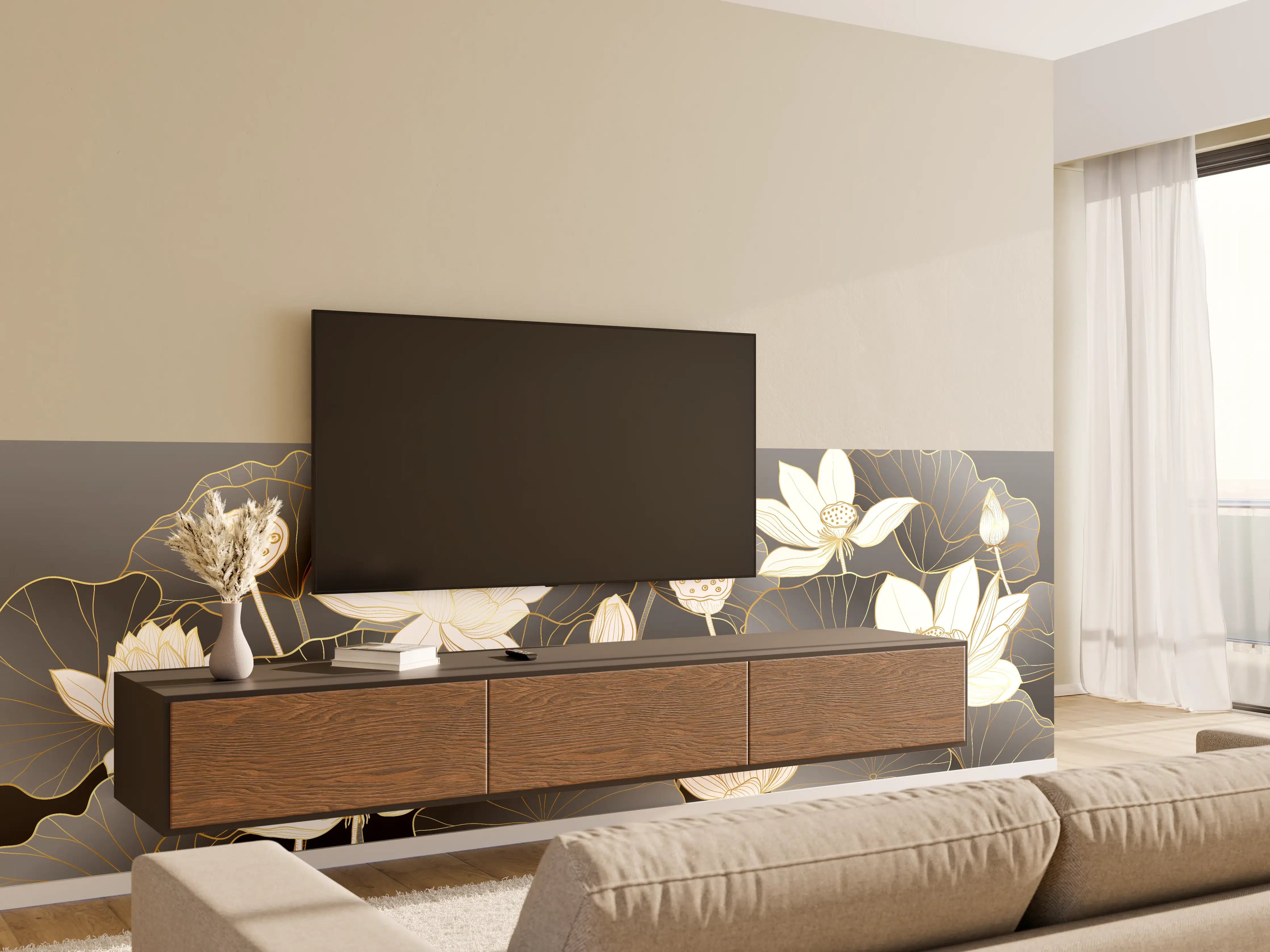 Wandverkleidung Wohnzimmer - Graue Lotus auf dunklem Grund