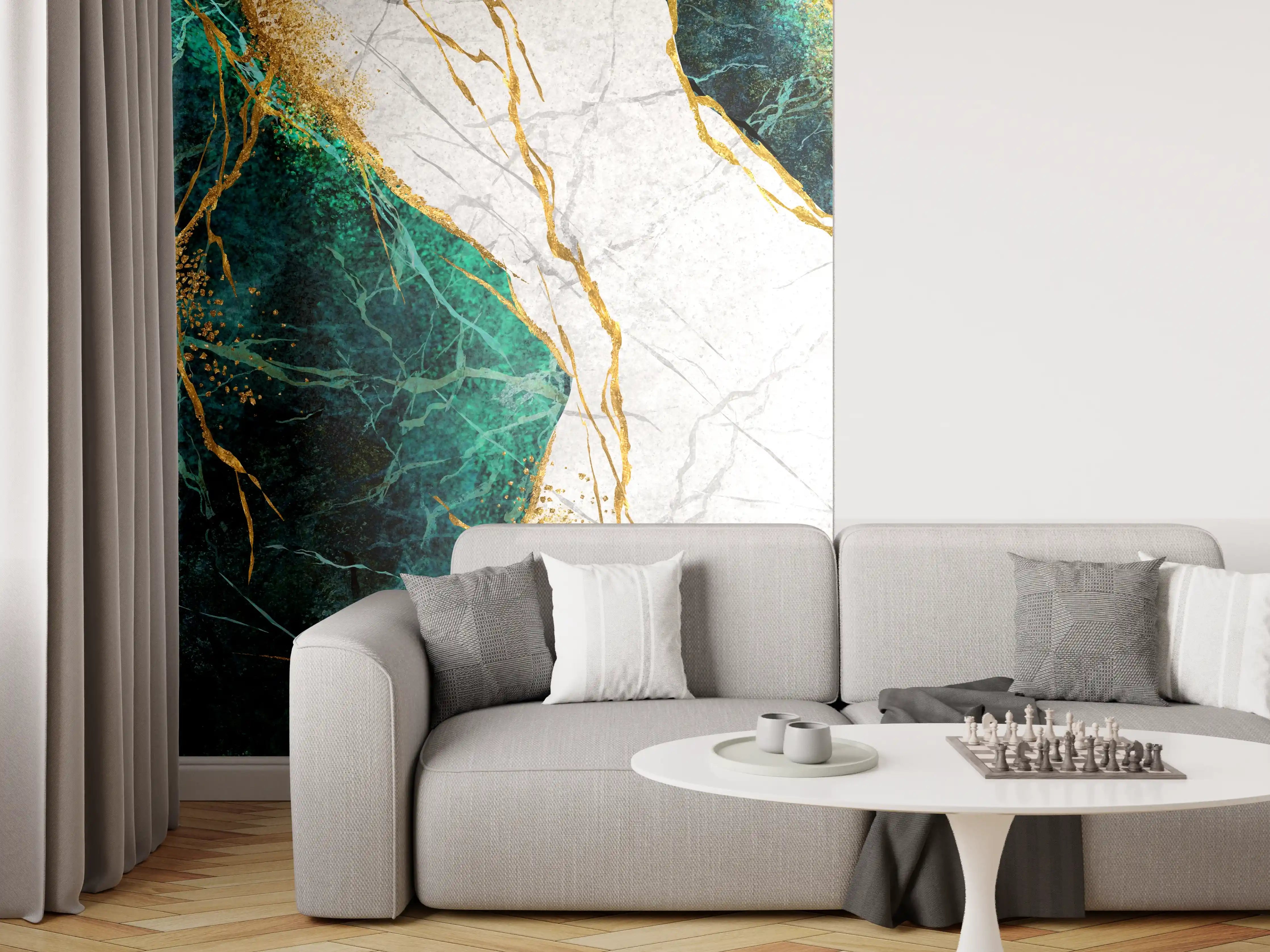 Wandverkleidung Wohnzimmer - Graue Marmor-Optik mit Goldakzenten