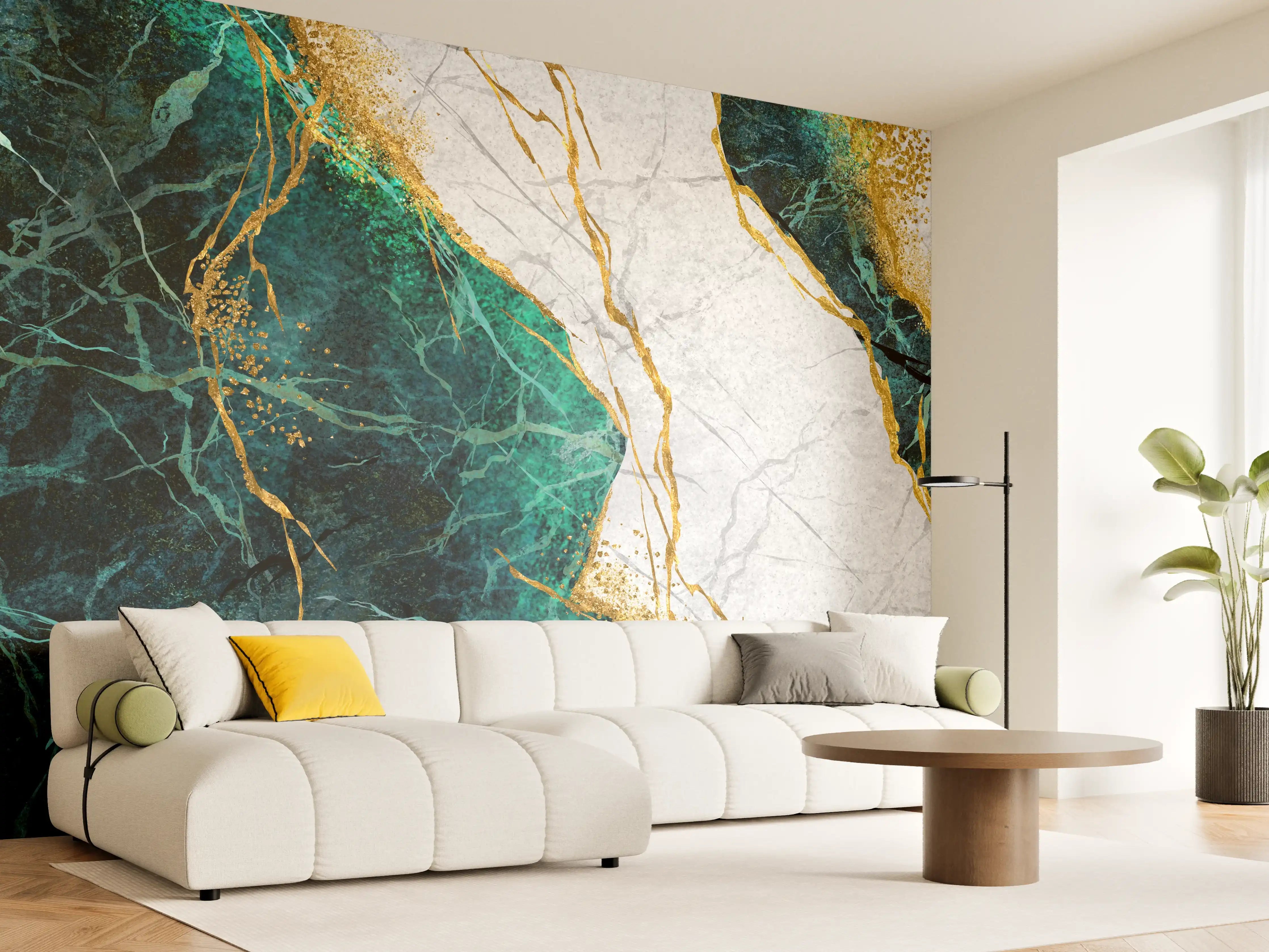 Wandverkleidung Wohnzimmer - Graue Marmor-Optik mit Goldakzenten