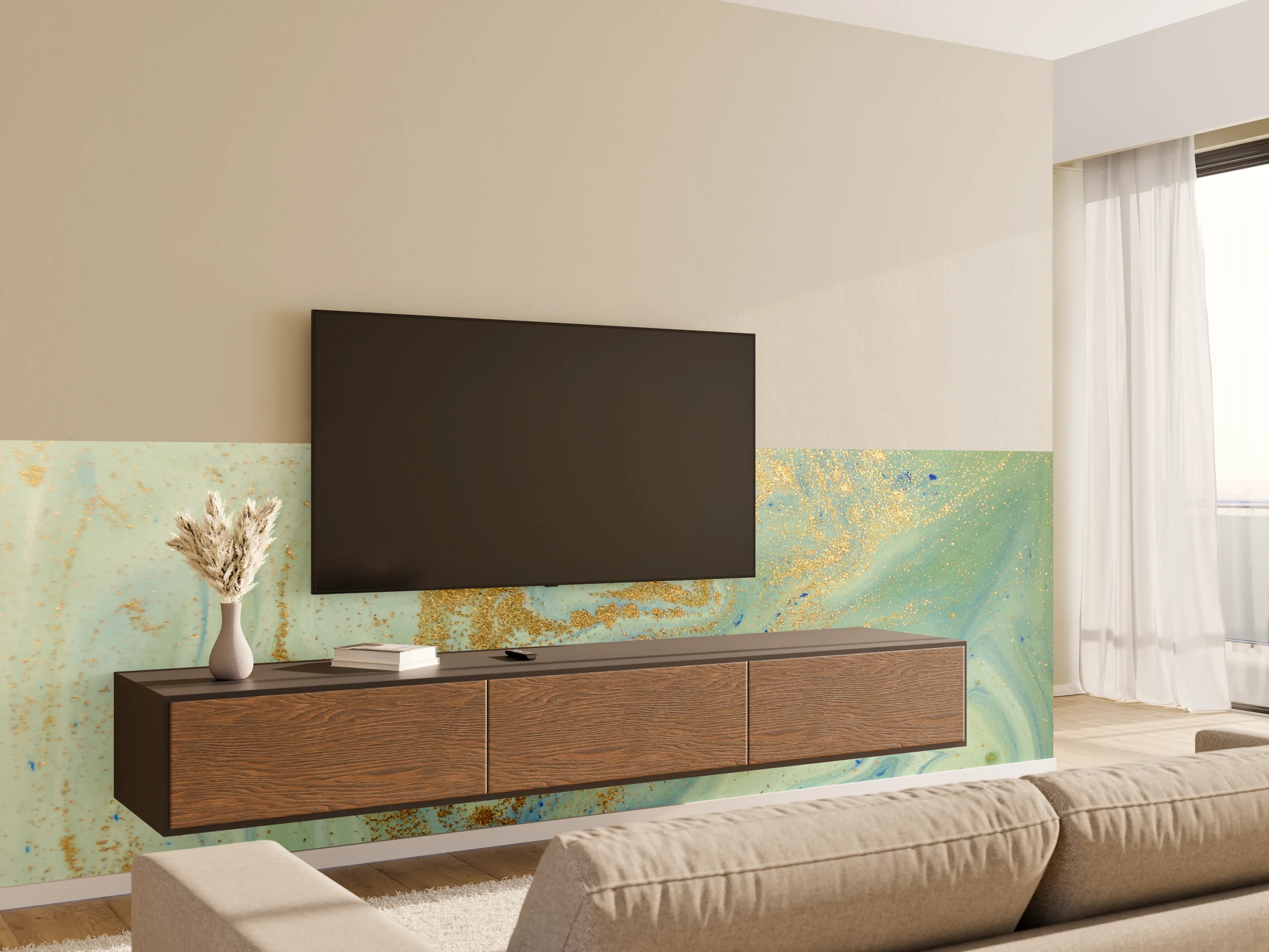 Wandverkleidung Wohnzimmer - Graue Marmor-Optik mit goldenen Akzenten