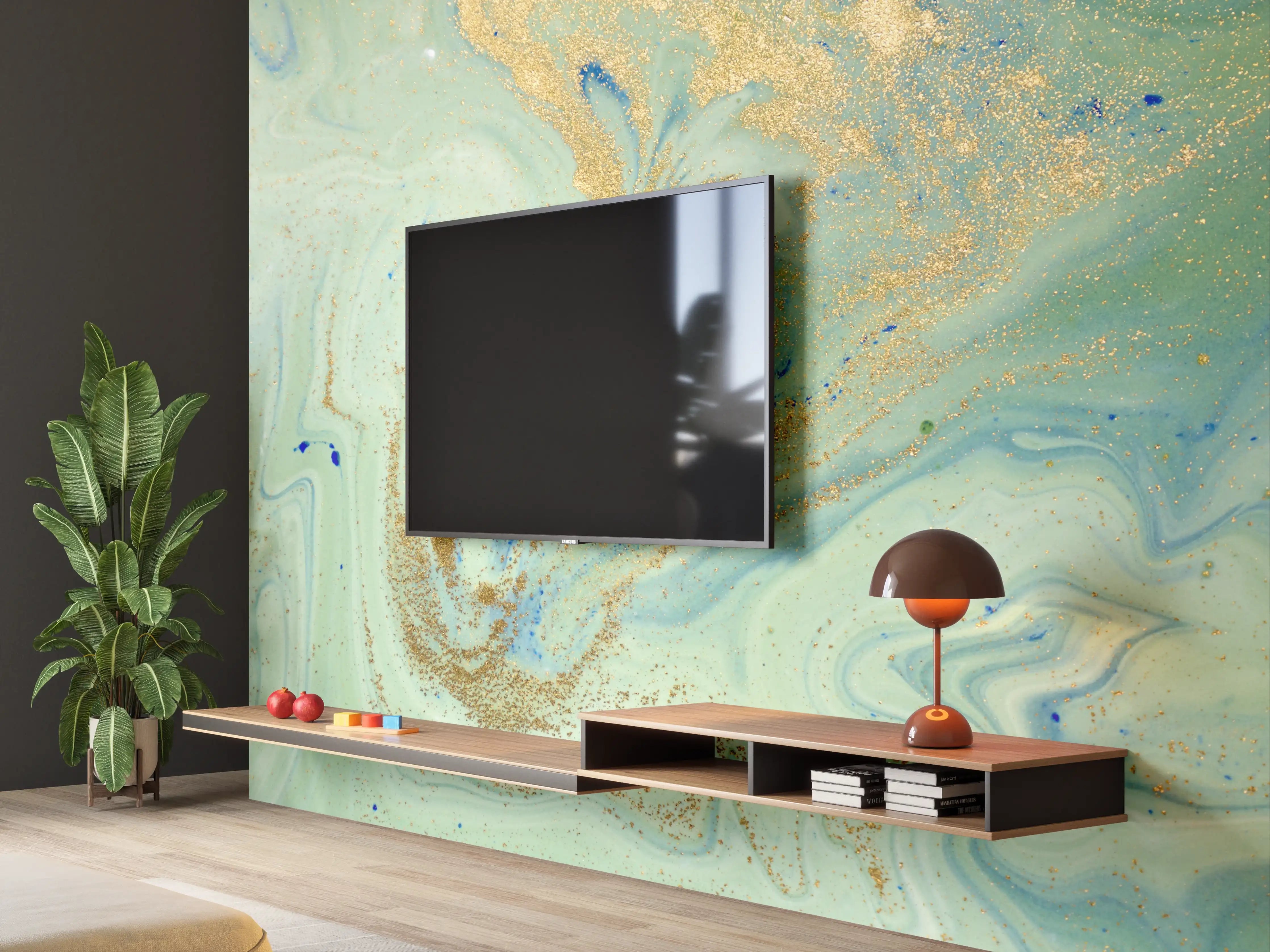 Wandverkleidung Wohnzimmer - Graue Marmor-Optik mit goldenen Akzenten