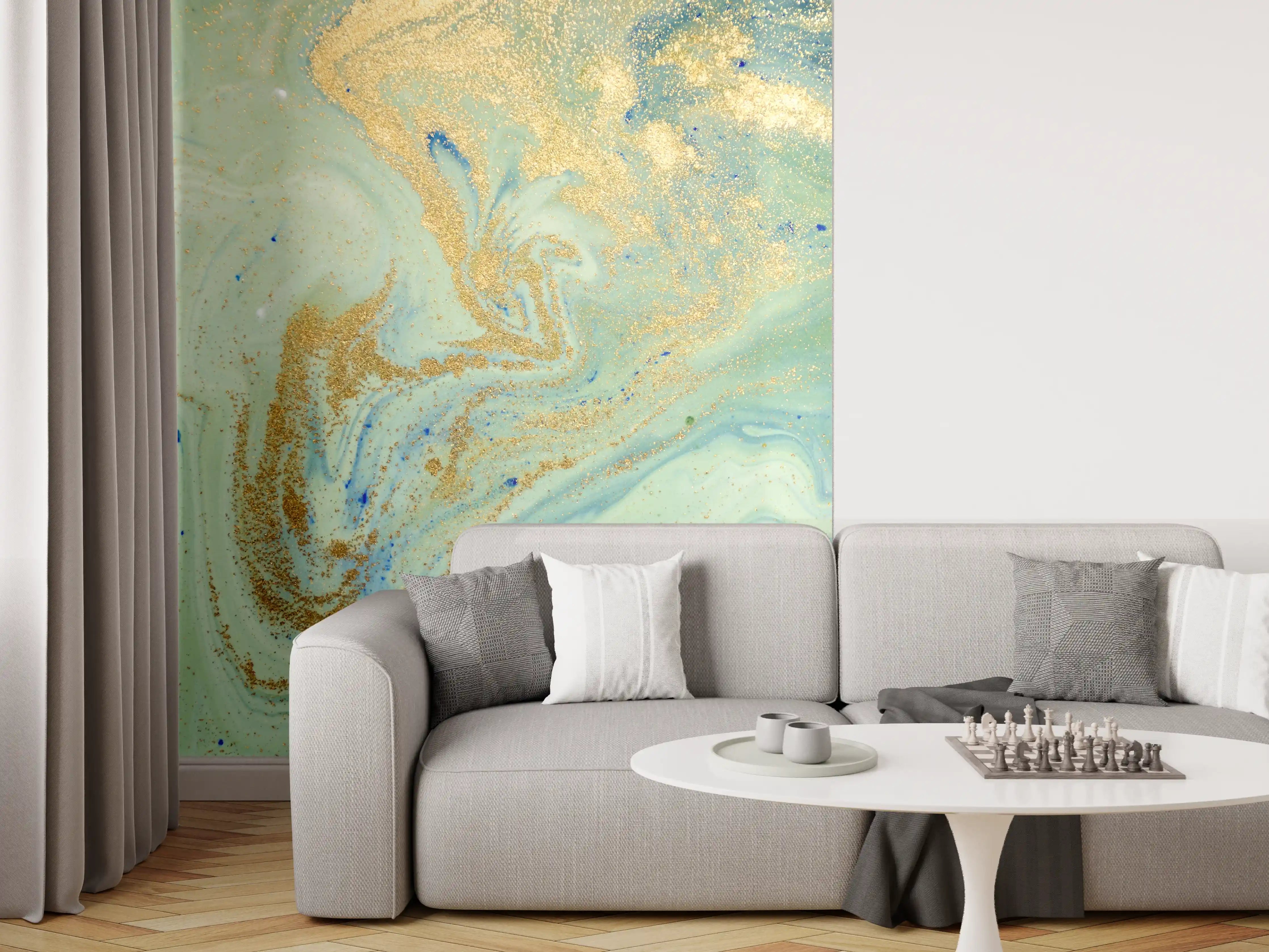 Wandverkleidung Wohnzimmer - Graue Marmor-Optik mit goldenen Akzenten