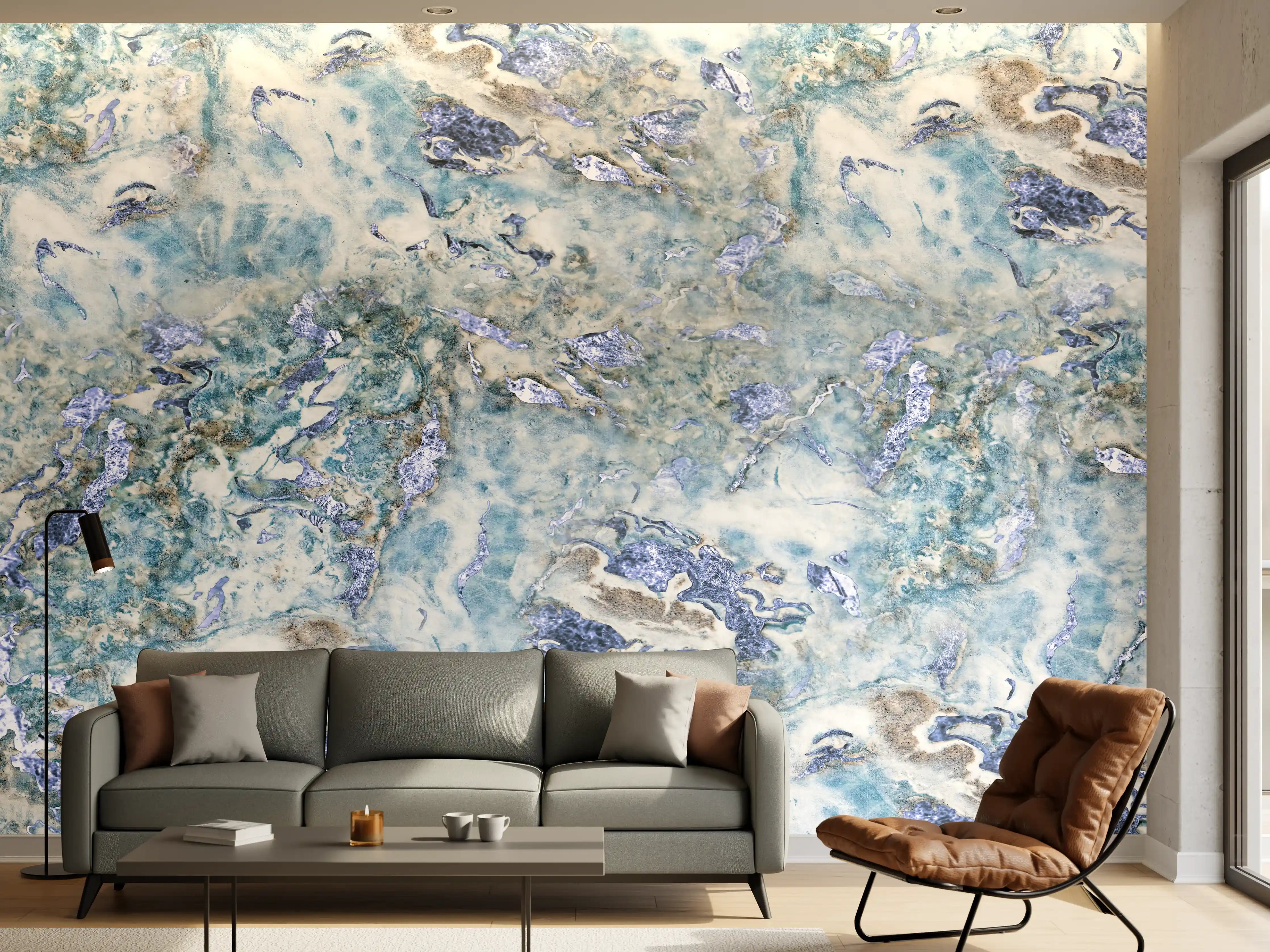 Wandverkleidung Wohnzimmer - Graue Marmoroptik Fliese mit Weißmotiven