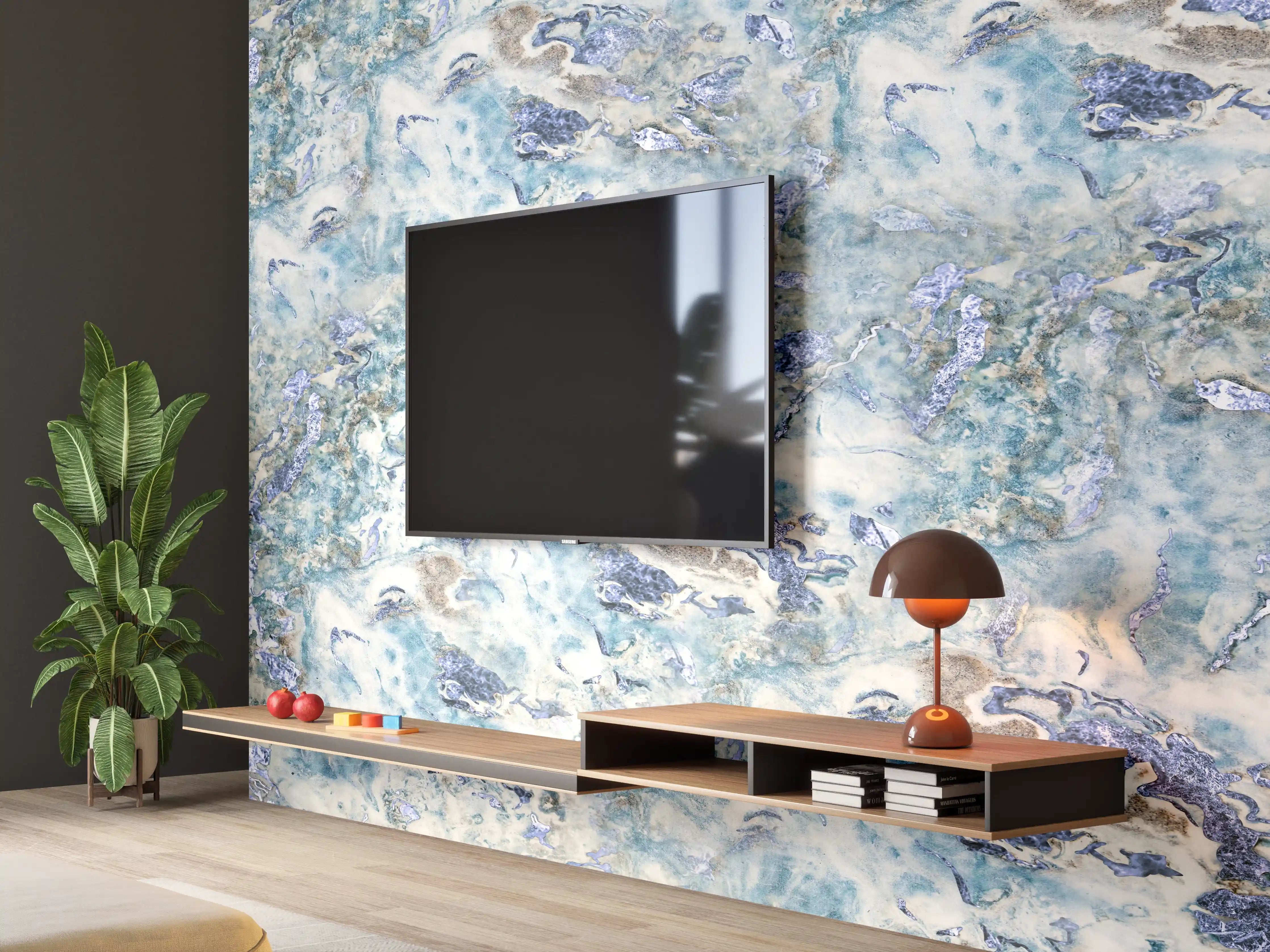 Wandverkleidung Wohnzimmer - Graue Marmoroptik Fliese mit Weißmotiven