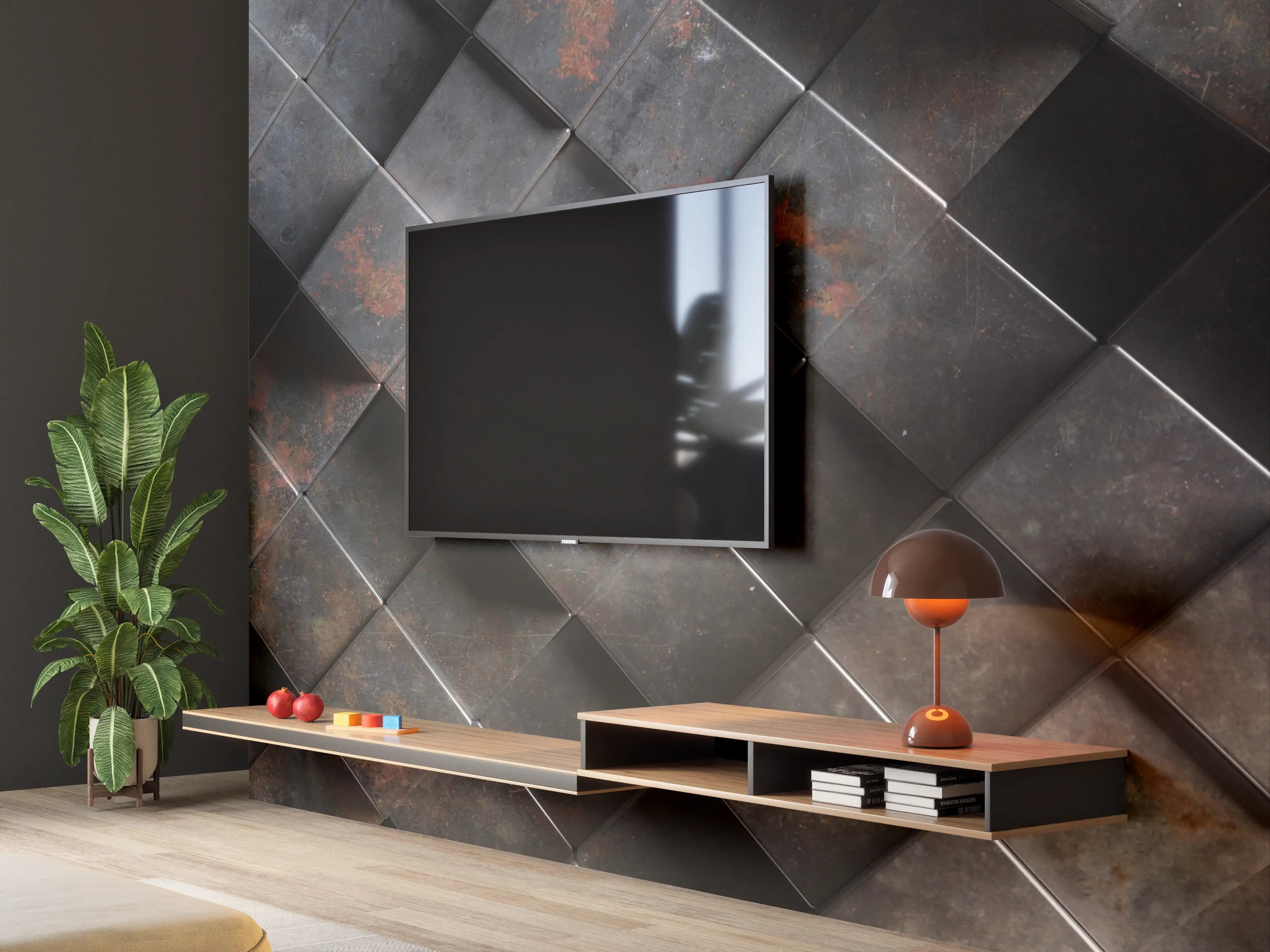 Wandverkleidung Wohnzimmer - Graue Metalloptik mit weißen Akzenten