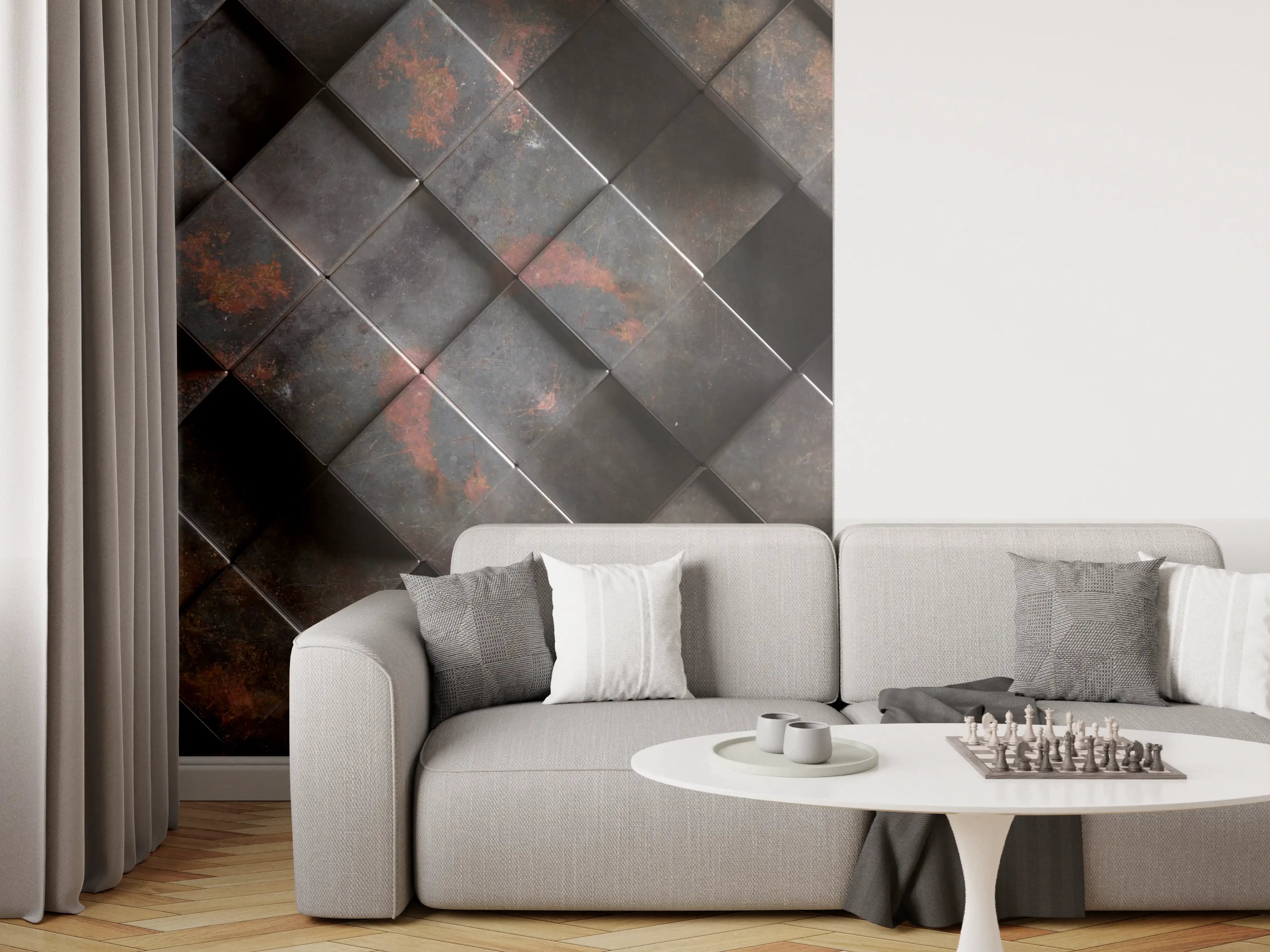 Wandverkleidung Wohnzimmer - Graue Metalloptik mit weißen Akzenten