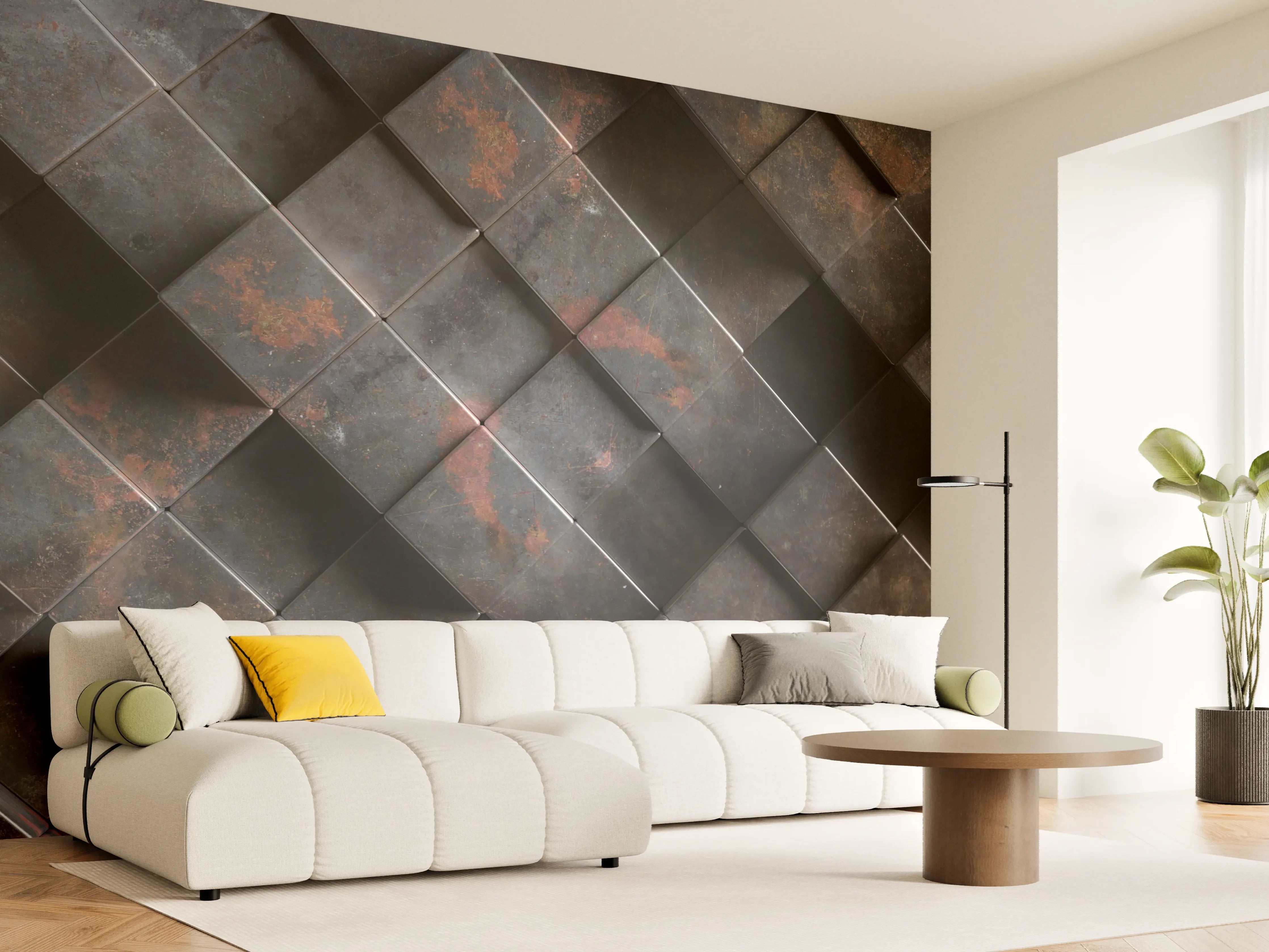 Wandverkleidung Wohnzimmer - Graue Metalloptik mit weißen Akzenten