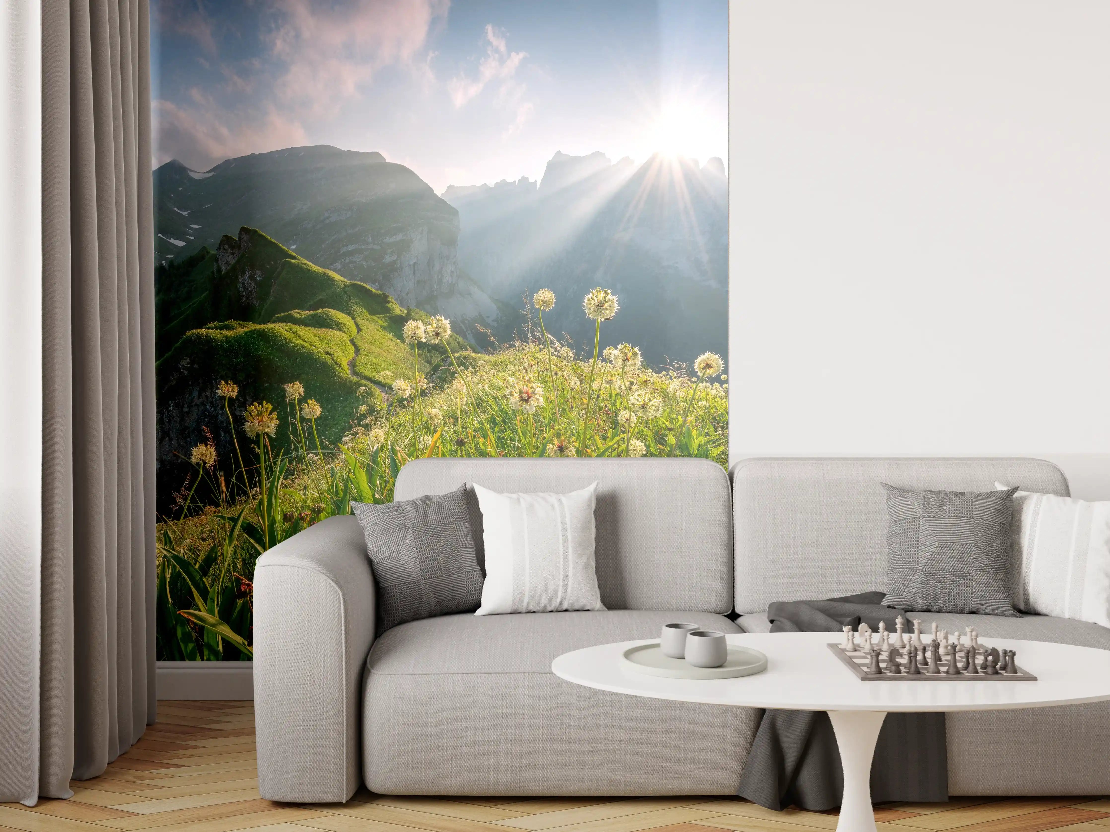 Wandverkleidung Wohnzimmer - Graue Morgenröte in Bergsilhouette