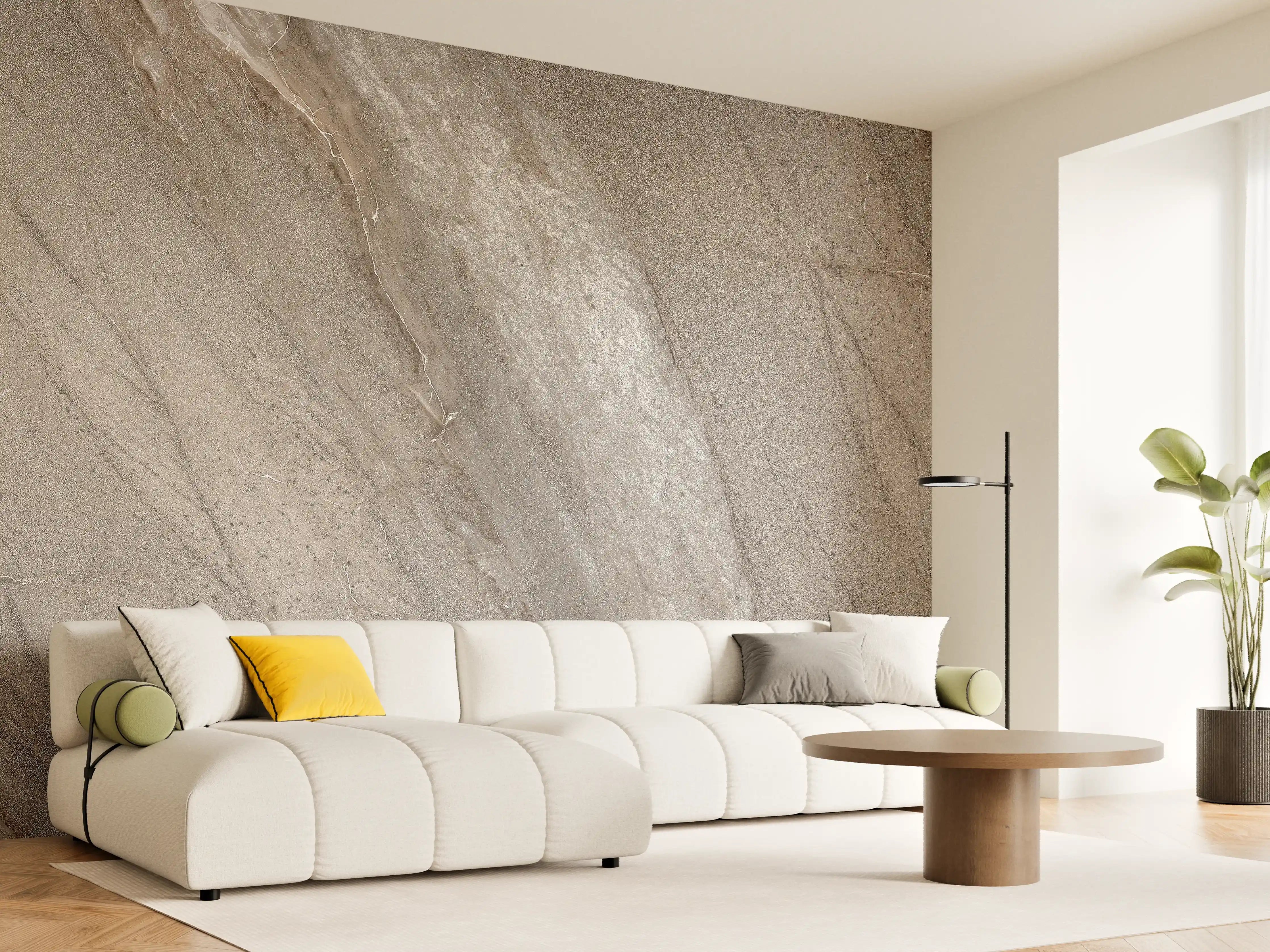 Wandverkleidung Wohnzimmer - Graue Nuancen in Weiß: Naturstein-Optik