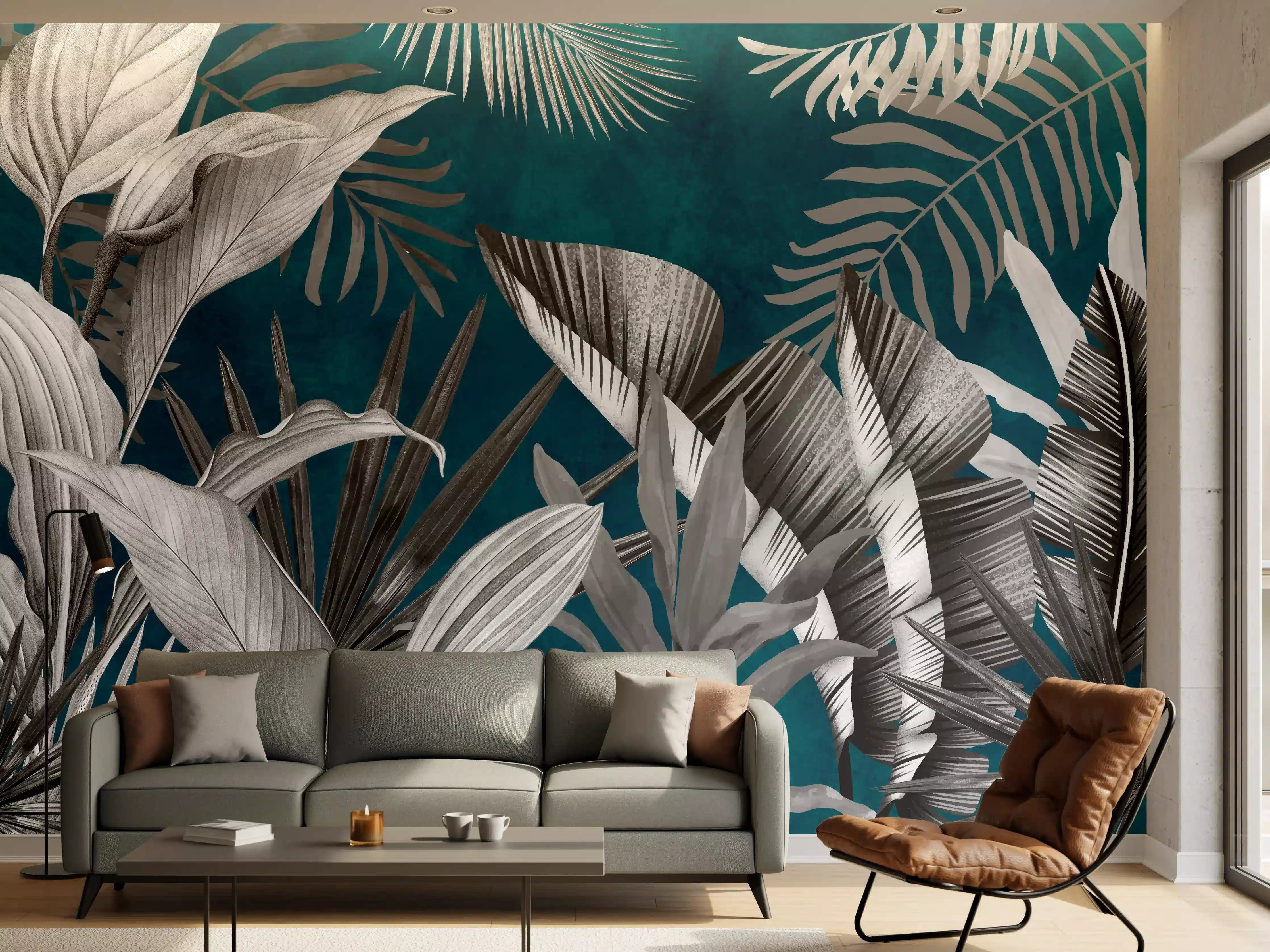 Wandverkleidung Wohnzimmer - Graue Pflanzen auf blauem Hintergrund