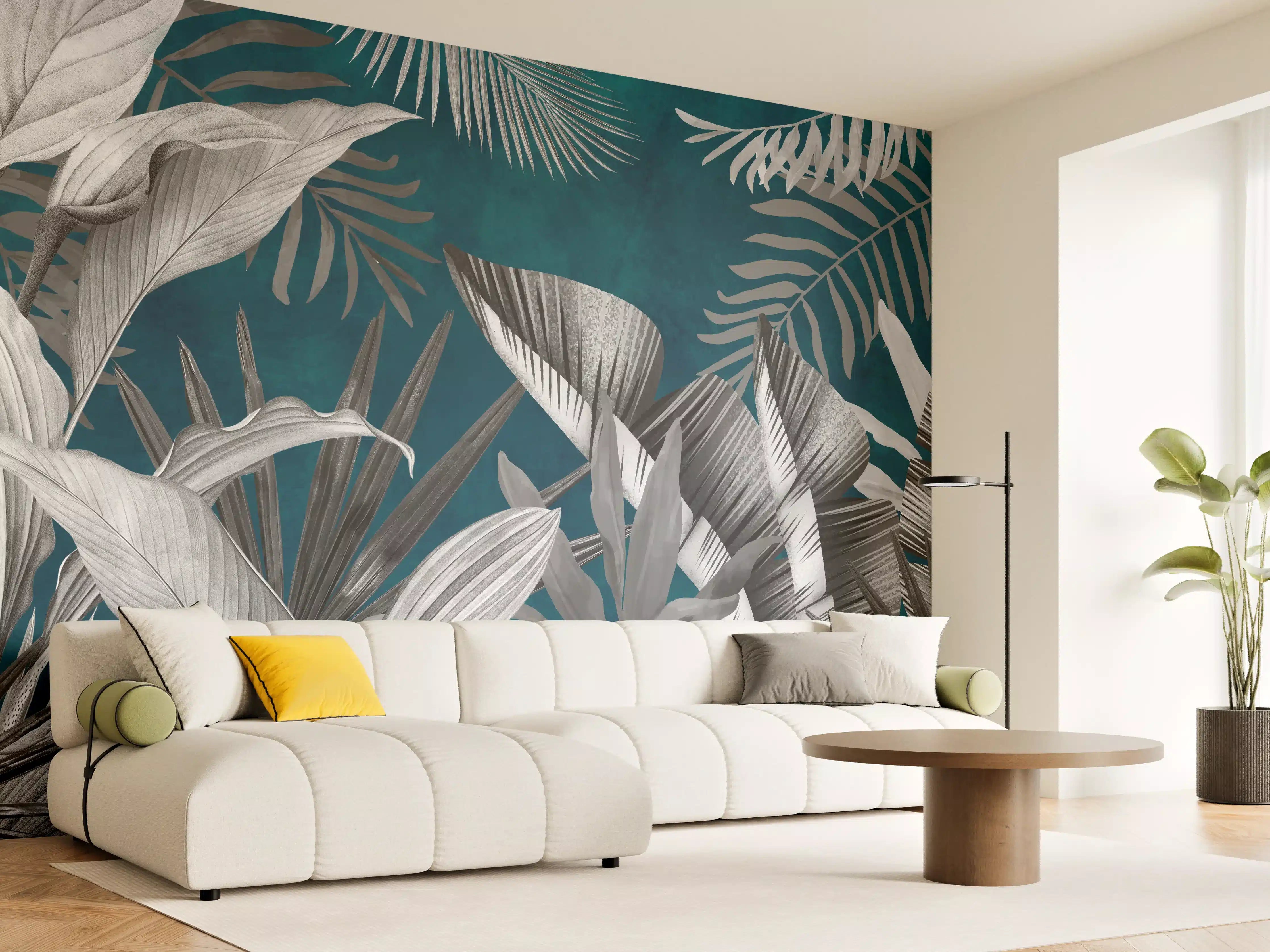 Wandverkleidung Wohnzimmer - Graue Pflanzen auf blauem Hintergrund
