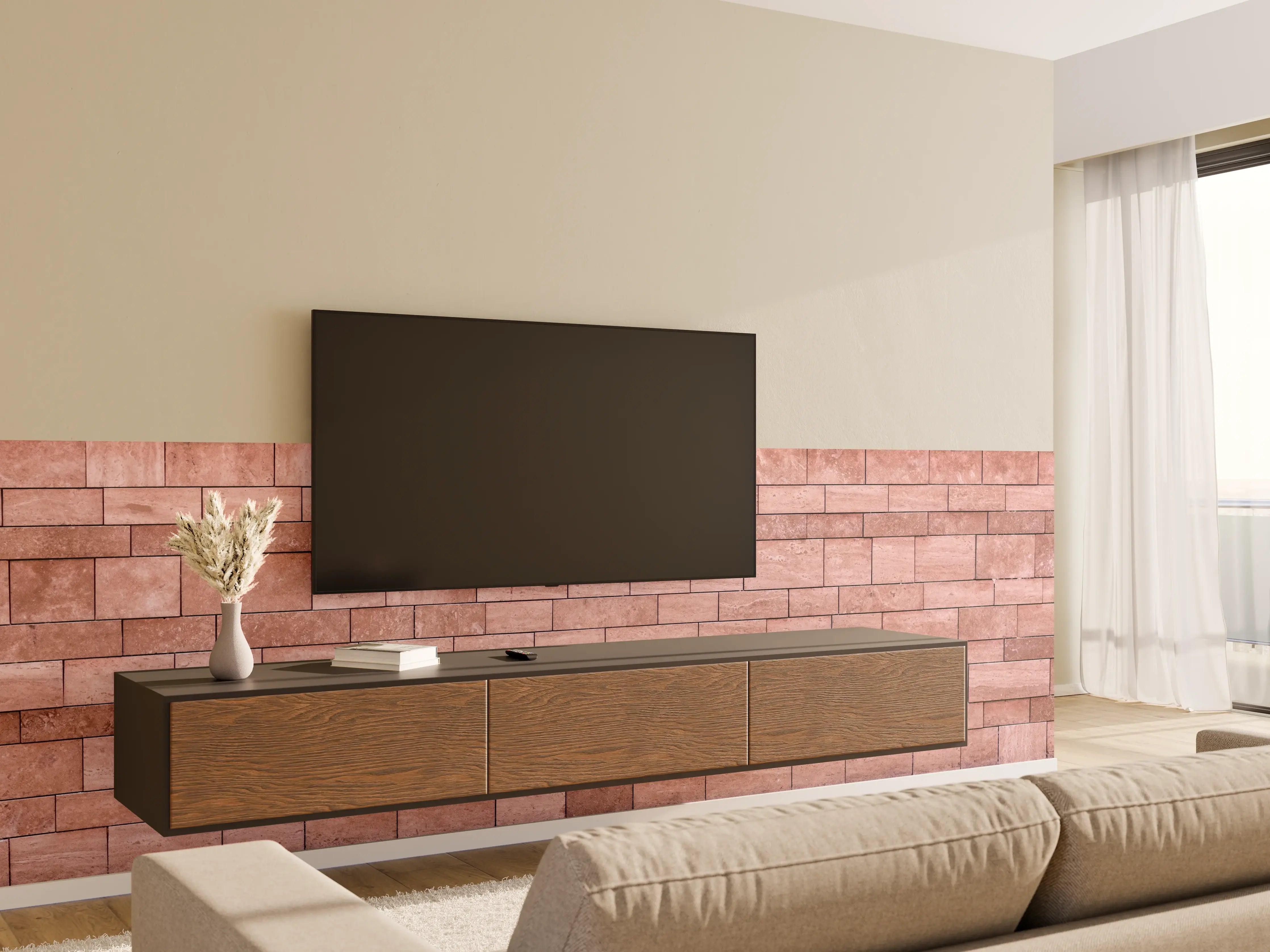 Wandverkleidung Wohnzimmer - Graue Schatten an weißer Backsteinwand