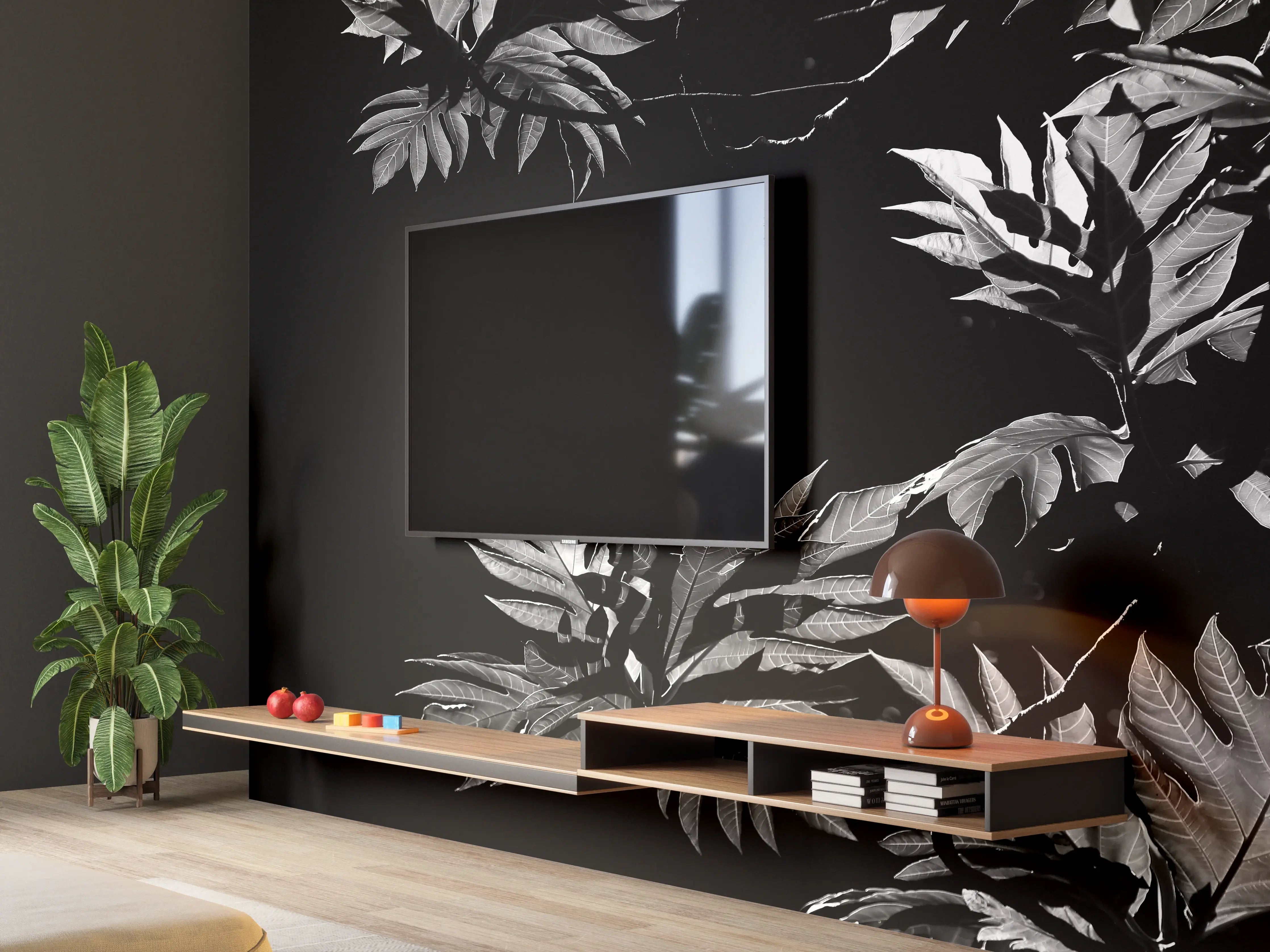 Wandverkleidung Wohnzimmer - Graue Schatten im Blattmuster