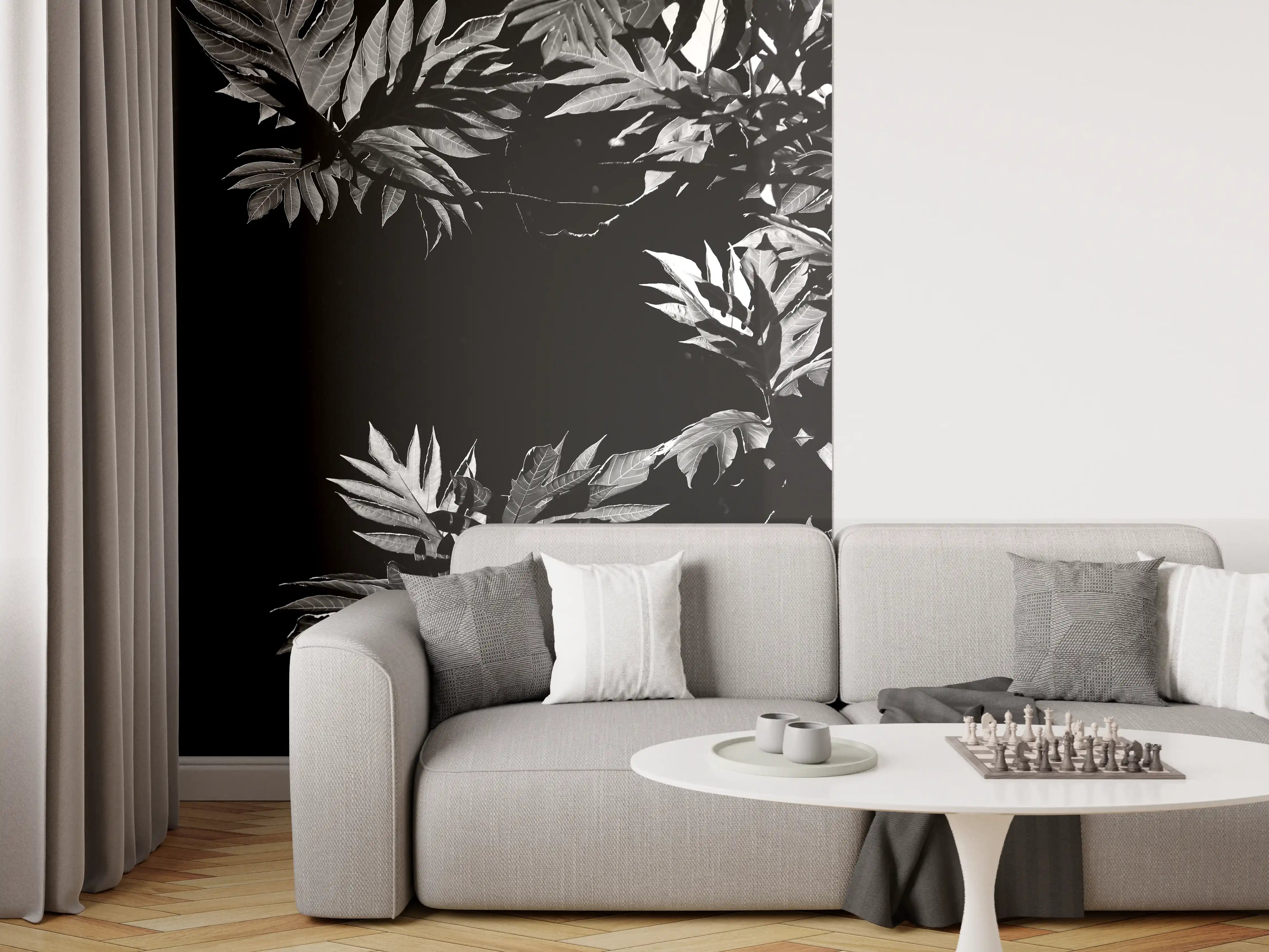 Wandverkleidung Wohnzimmer - Graue Schatten im Blattmuster