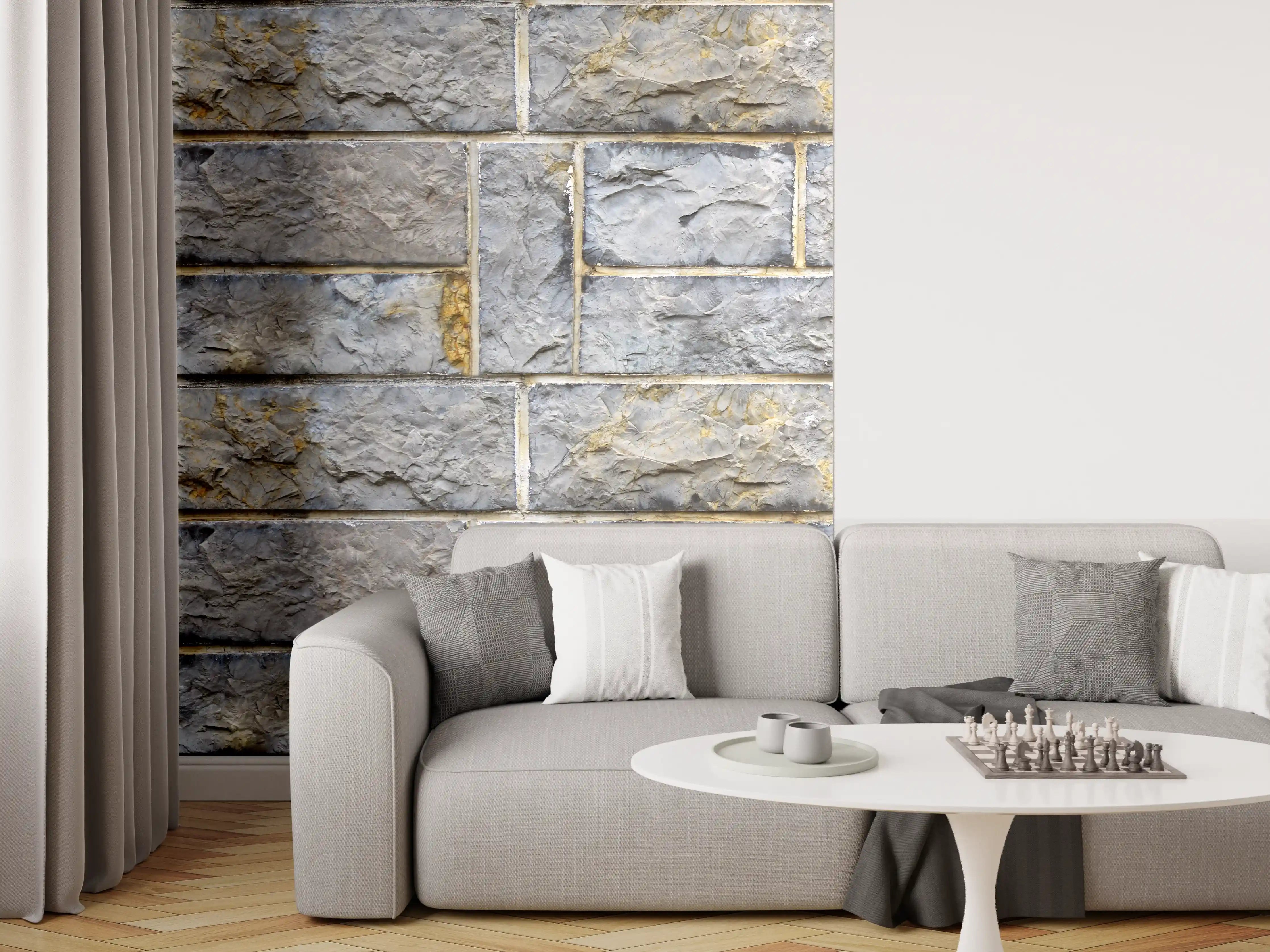 Wandverkleidung Wohnzimmer - Graue Schnittsteinmauer
