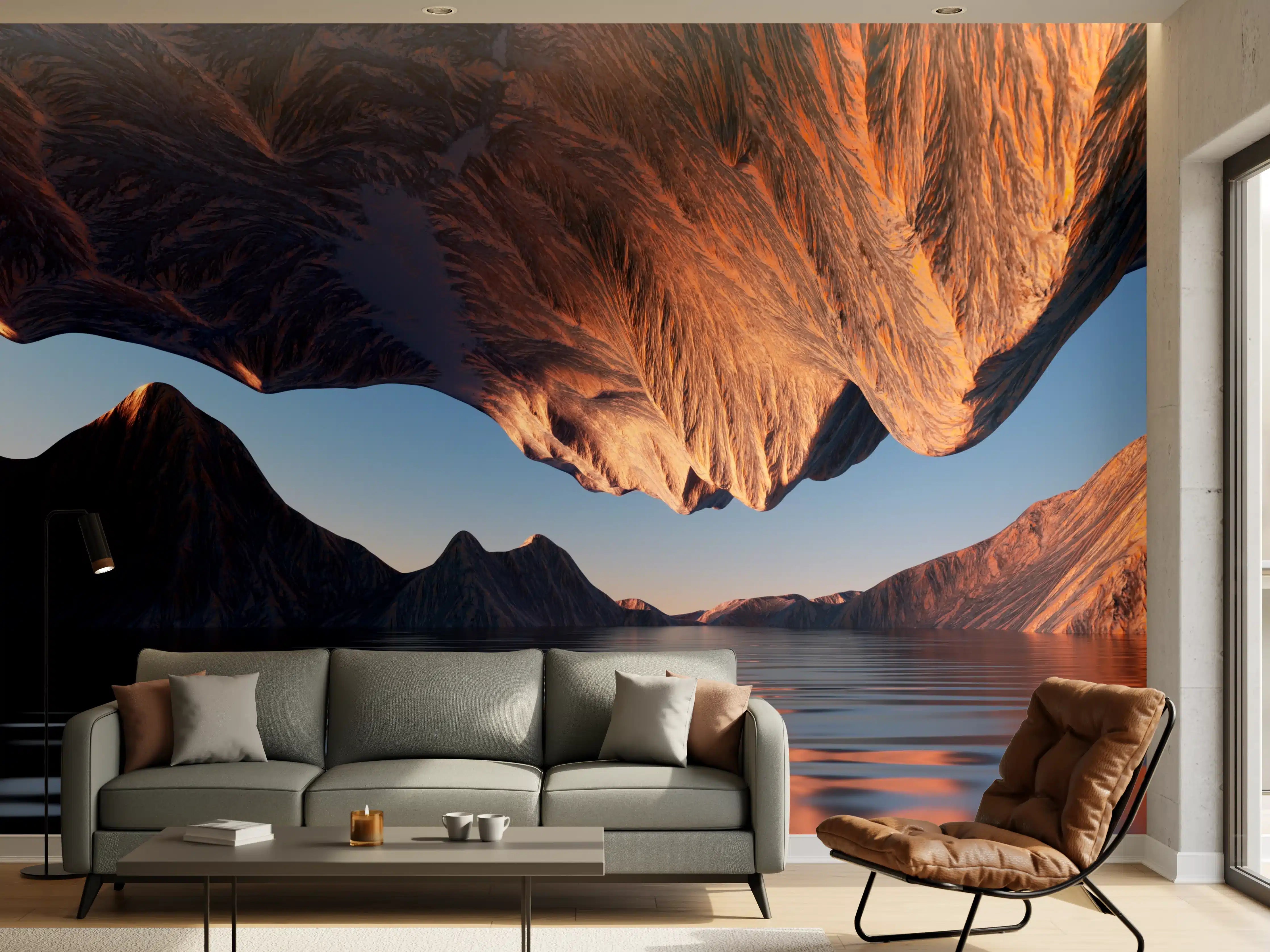 Wandverkleidung Wohnzimmer - Graue Sonnenuntergangs-Silhouette in den Bergen