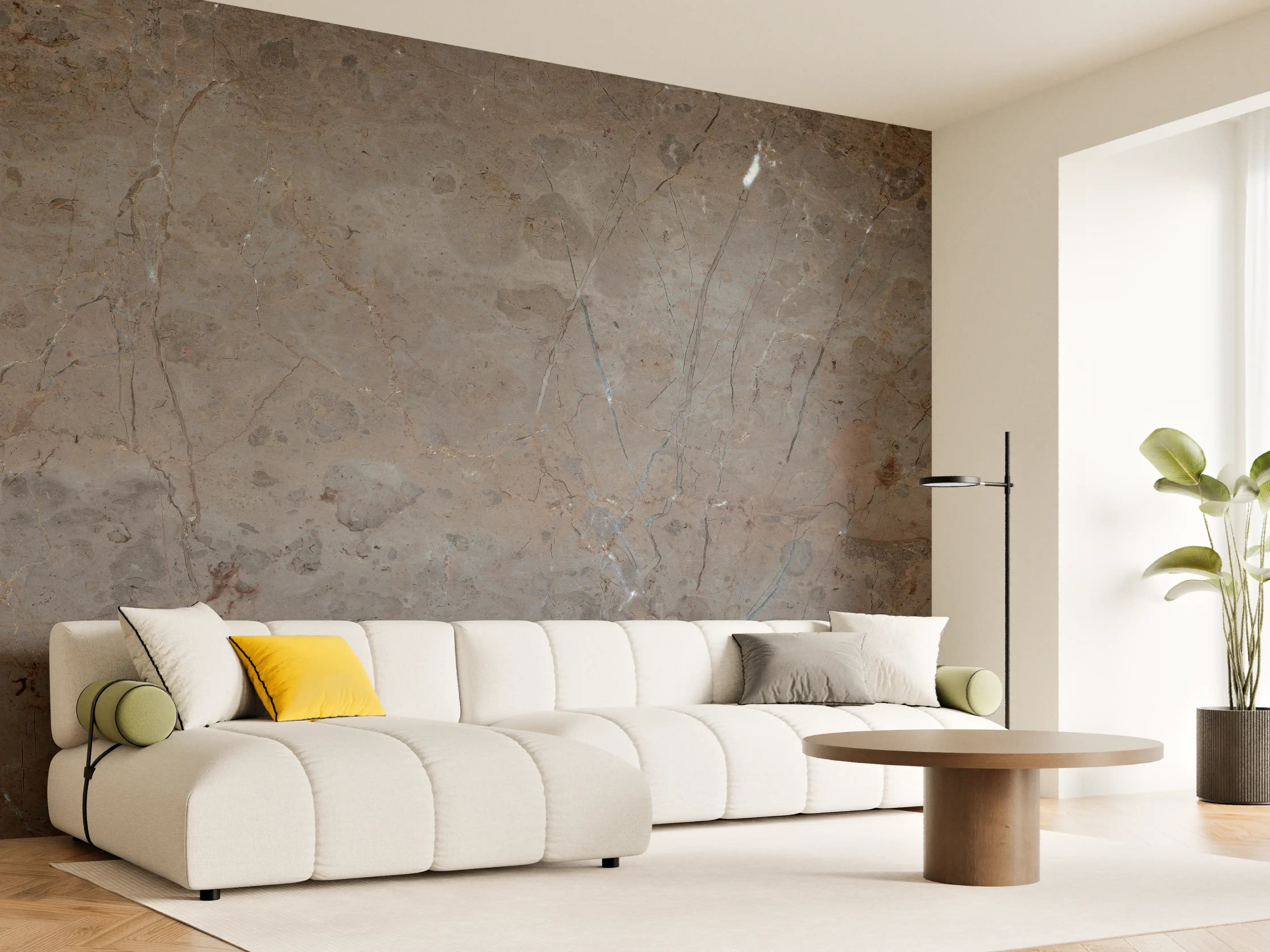 Wandverkleidung Wohnzimmer - Graue Steineffekt-Wand mit Weißakzenten