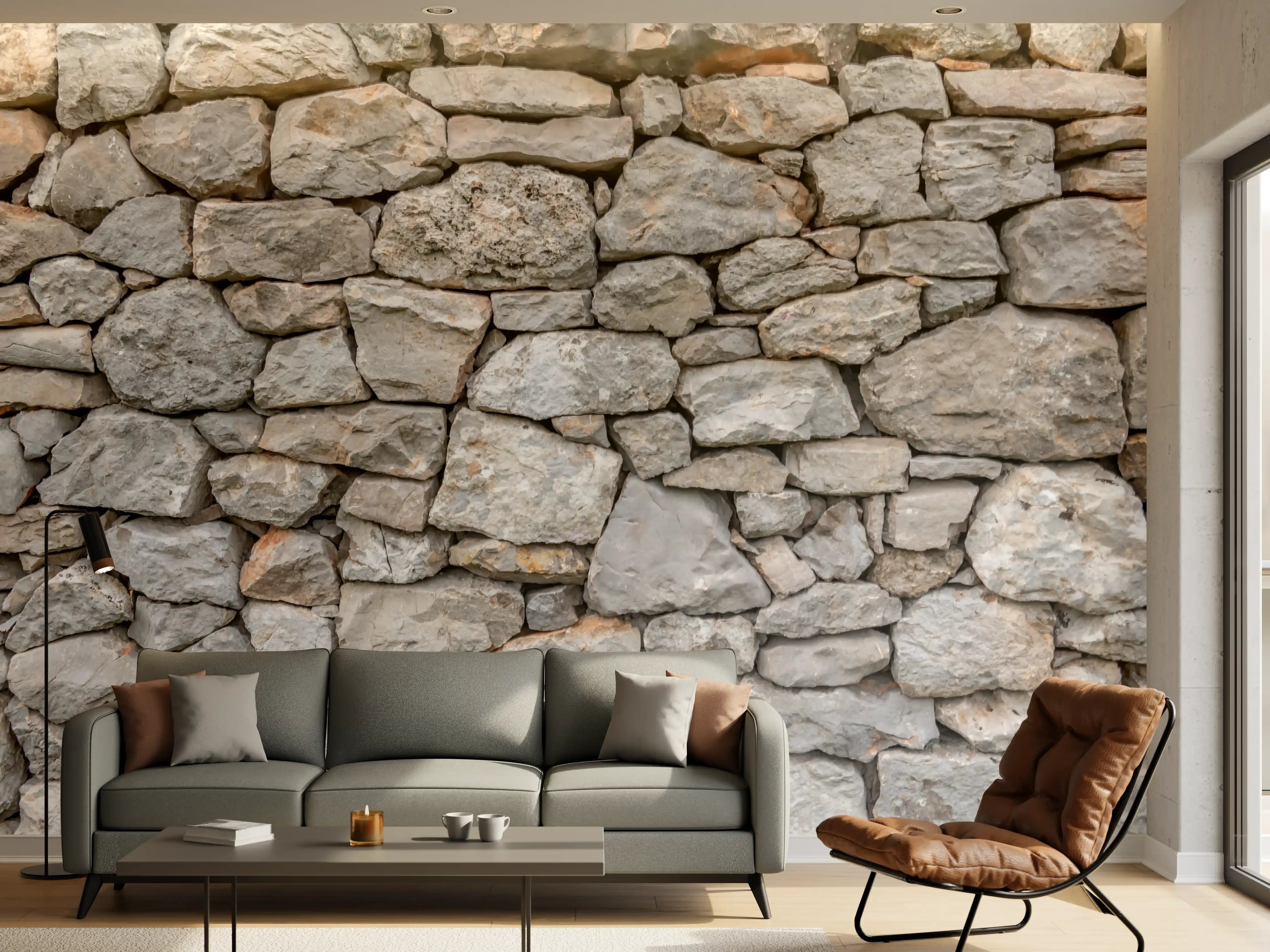 Wandverkleidung Wohnzimmer - Graue Steinmauer Dekor mit Weißmotiven