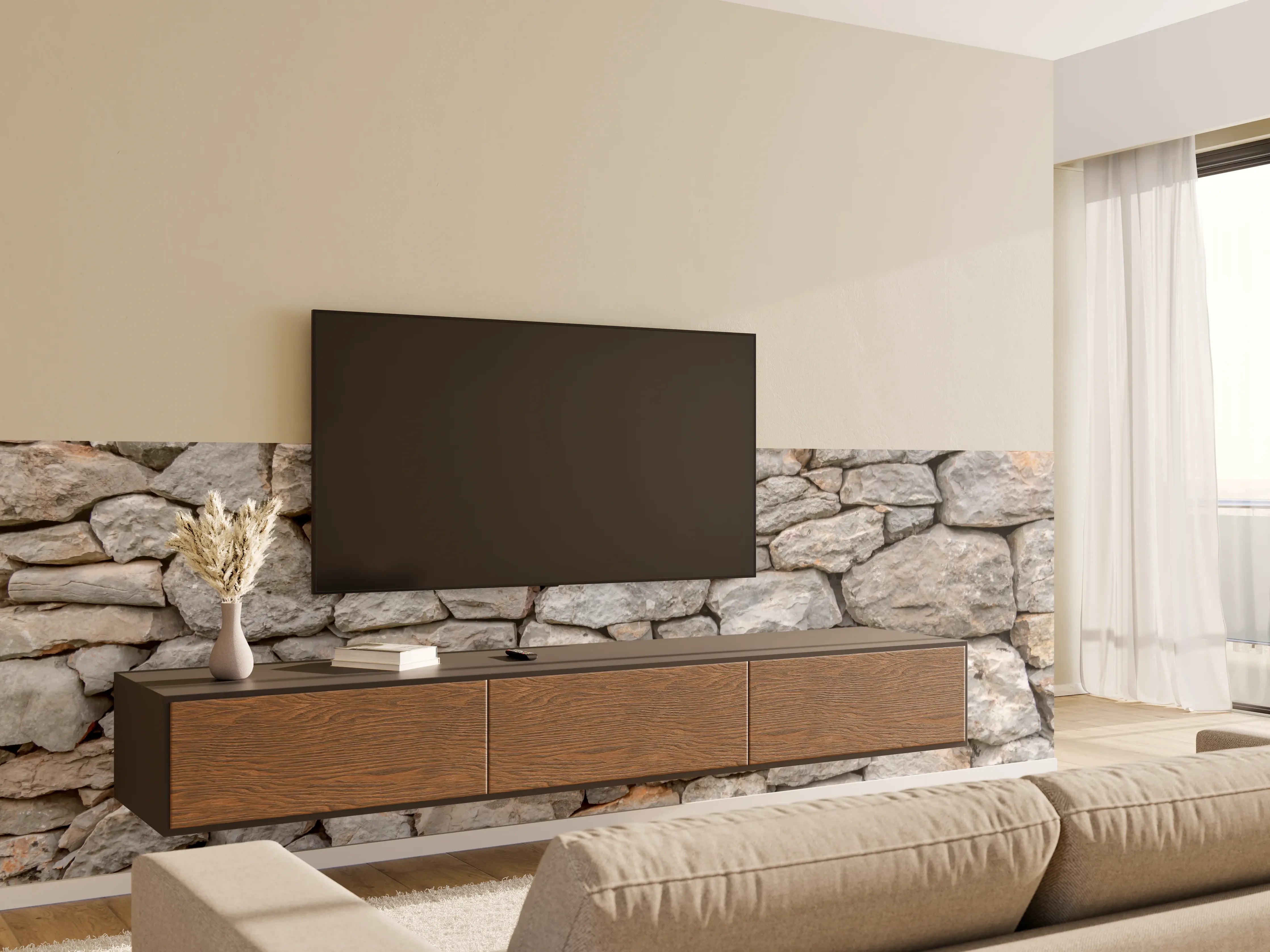 Wandverkleidung Wohnzimmer - Graue Steinmauer Dekor mit Weißmotiven