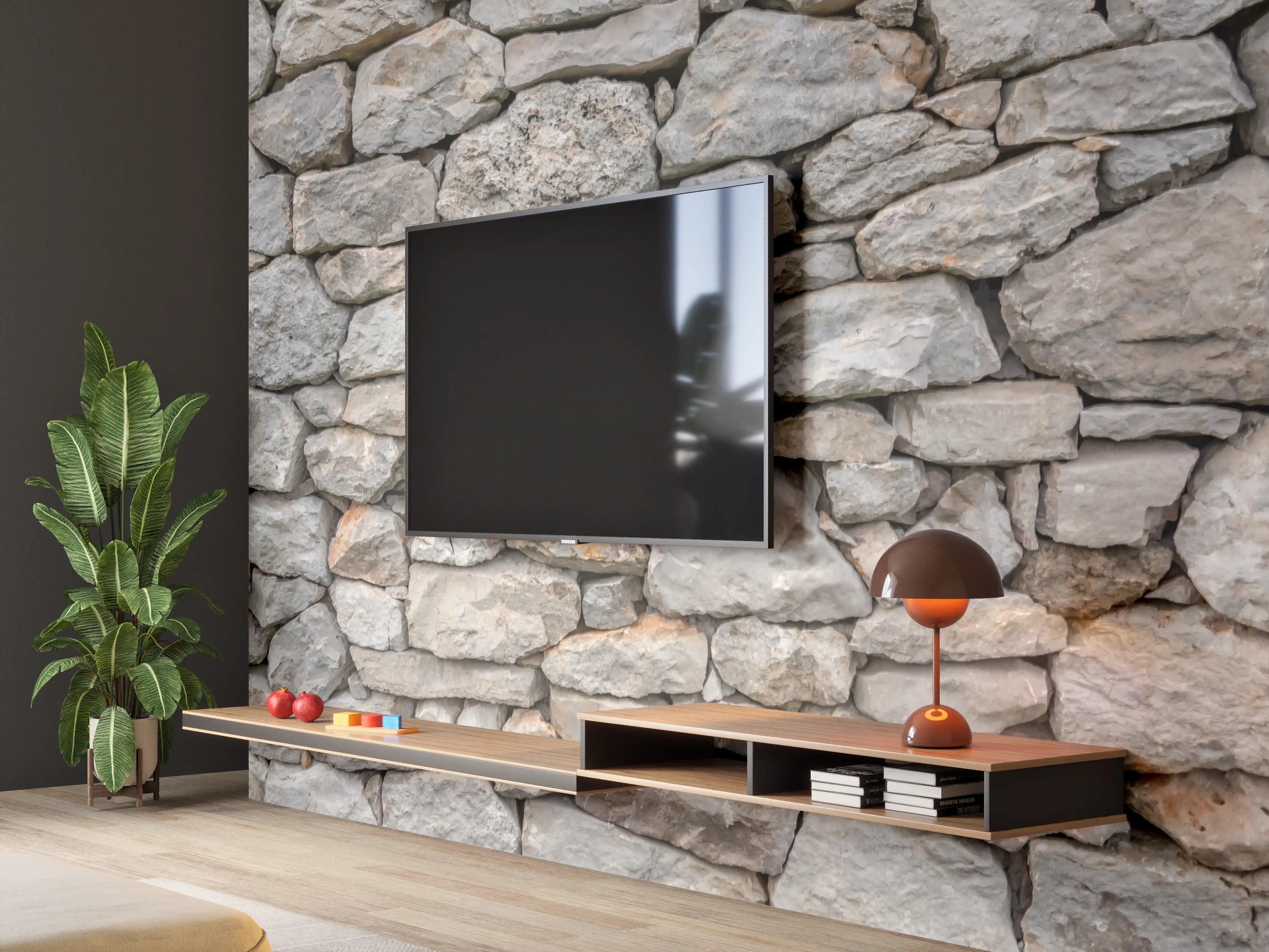 Wandverkleidung Wohnzimmer - Graue Steinmauer Dekor mit Weißmotiven