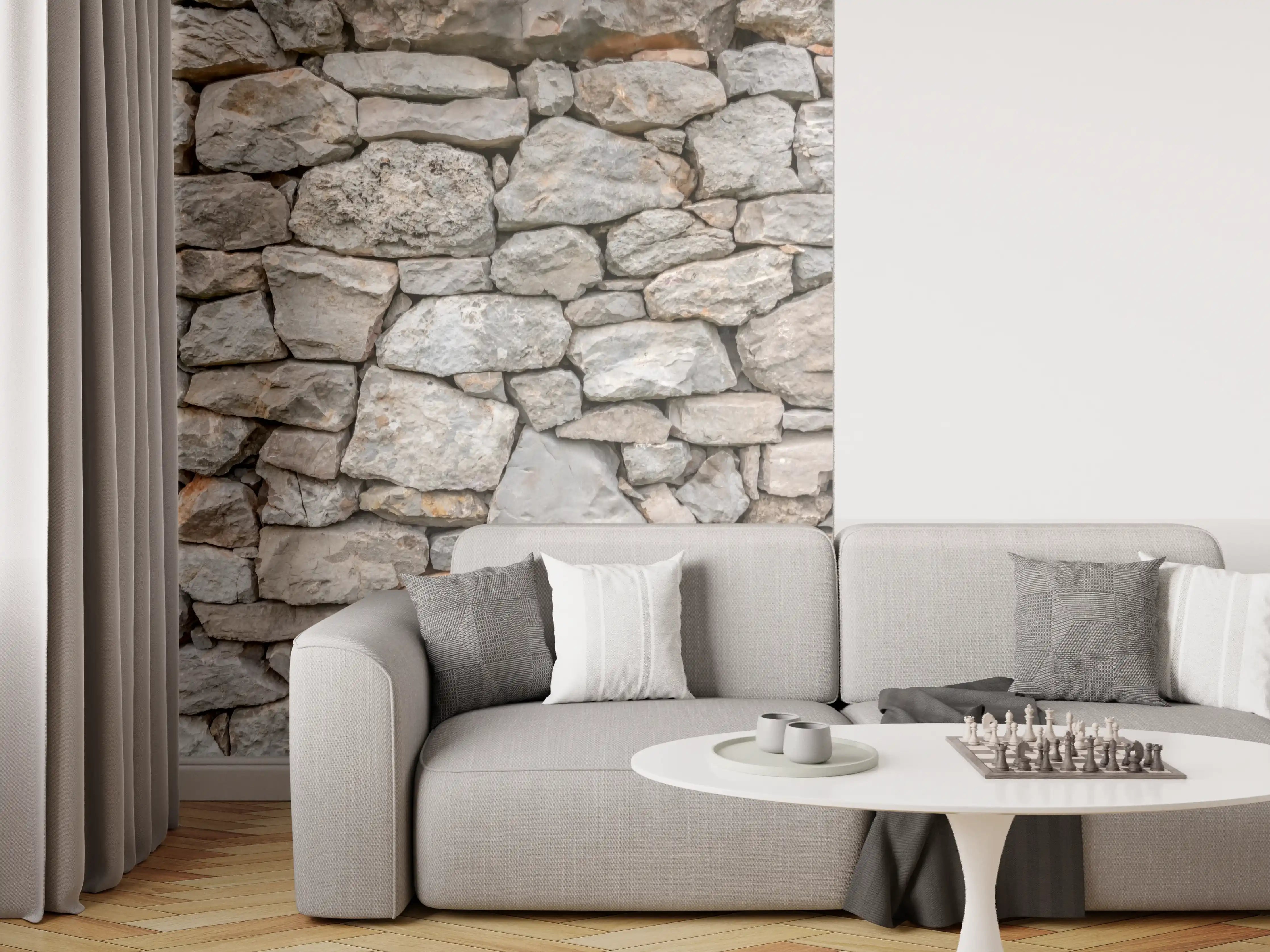 Wandverkleidung Wohnzimmer - Graue Steinmauer Dekor mit Weißmotiven