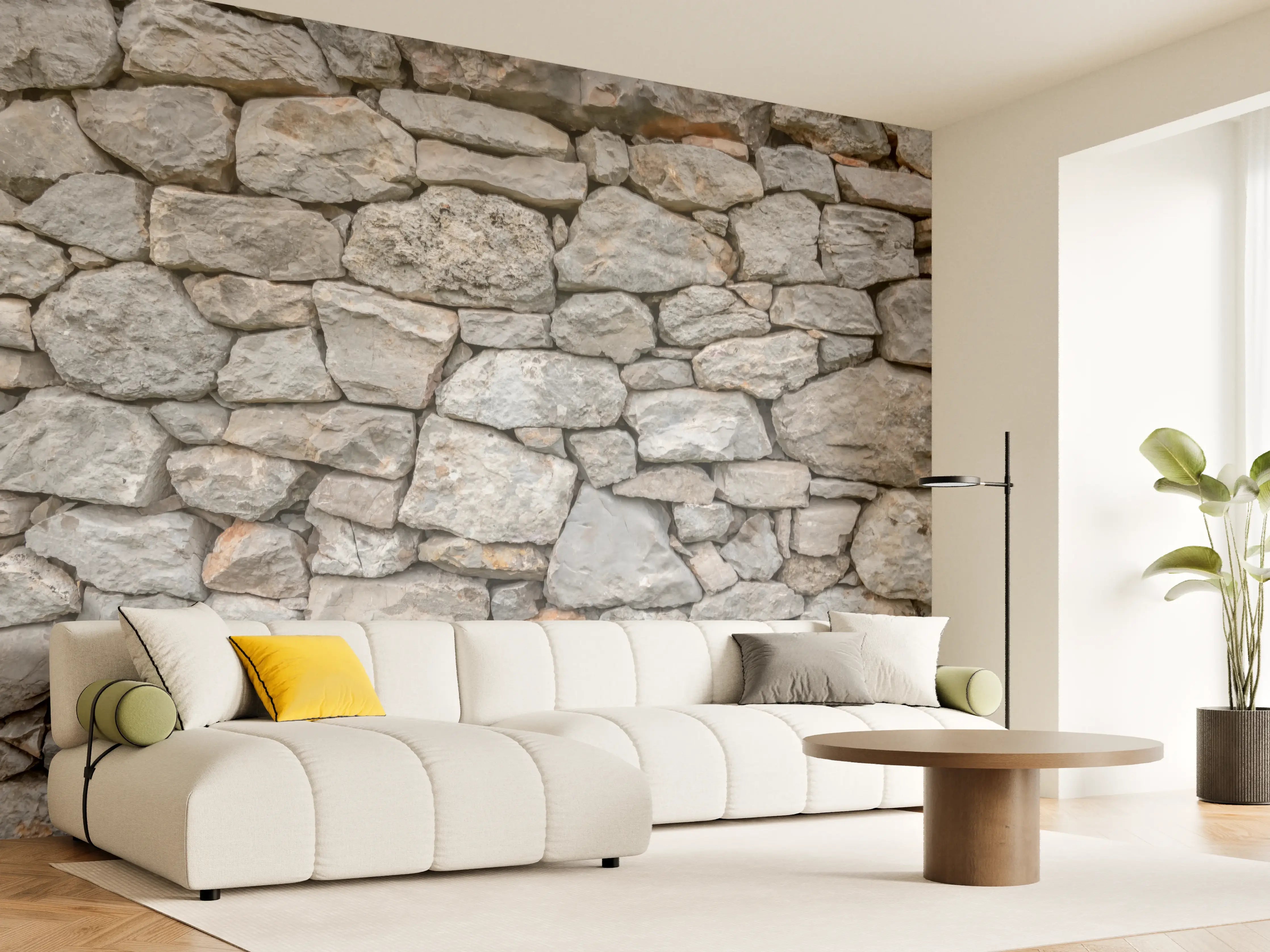 Wandverkleidung Wohnzimmer - Graue Steinmauer Dekor mit Weißmotiven