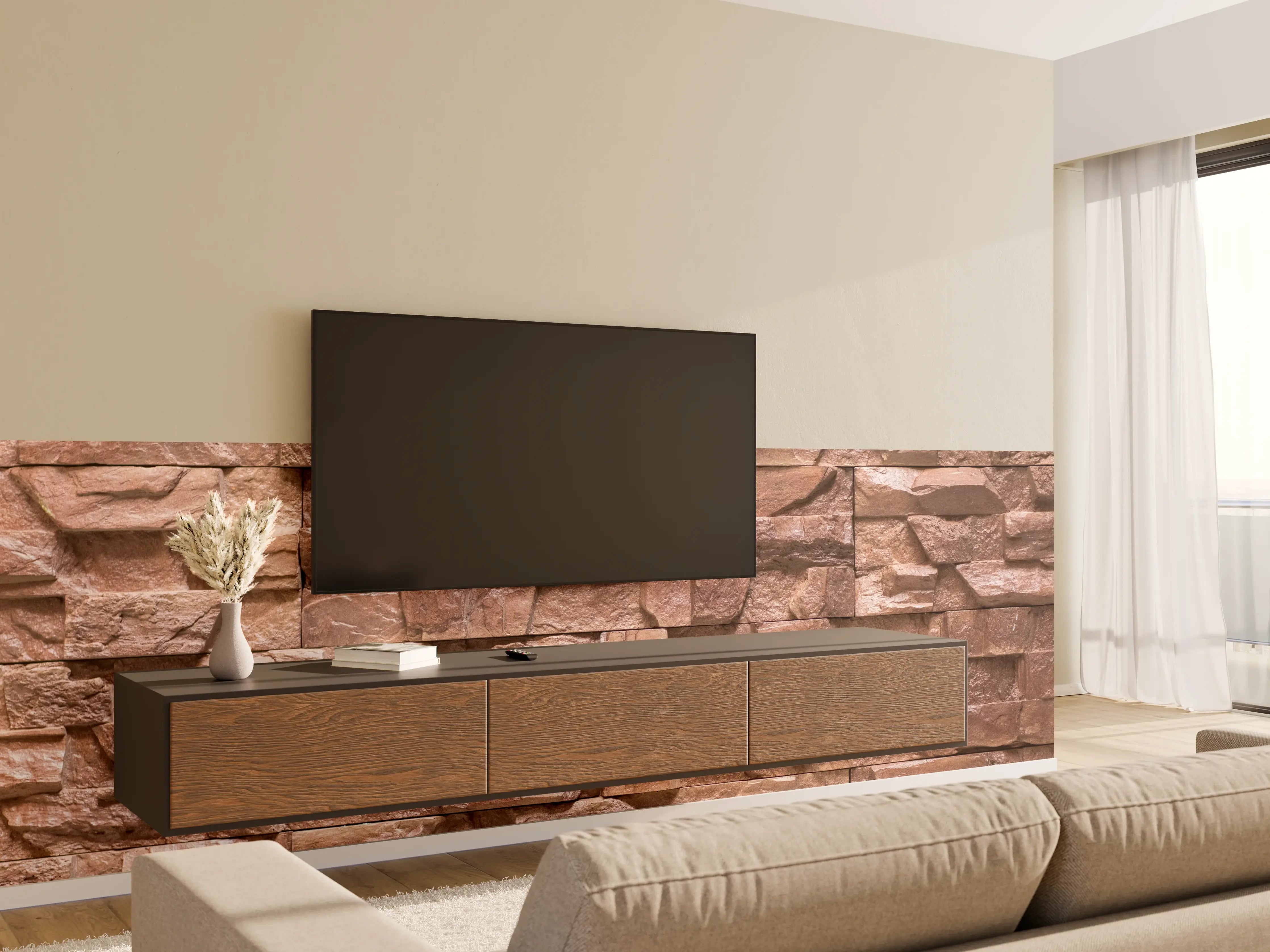 Wandverkleidung Wohnzimmer - Graue Steinwand mit weißen Akzenten